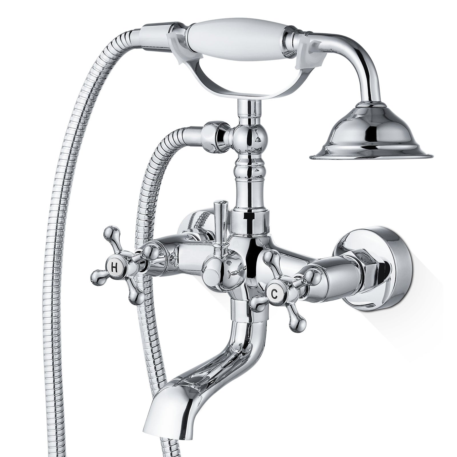 Airuida Wall Mount Bathtub Shower Faucet Kit with Telephone Shaped Handheld Sprayer Double Hot and Cold Water Mixer Tap Wall Mounted Tub Filler Set Vintage Style Cross Handles Chrome Polish
