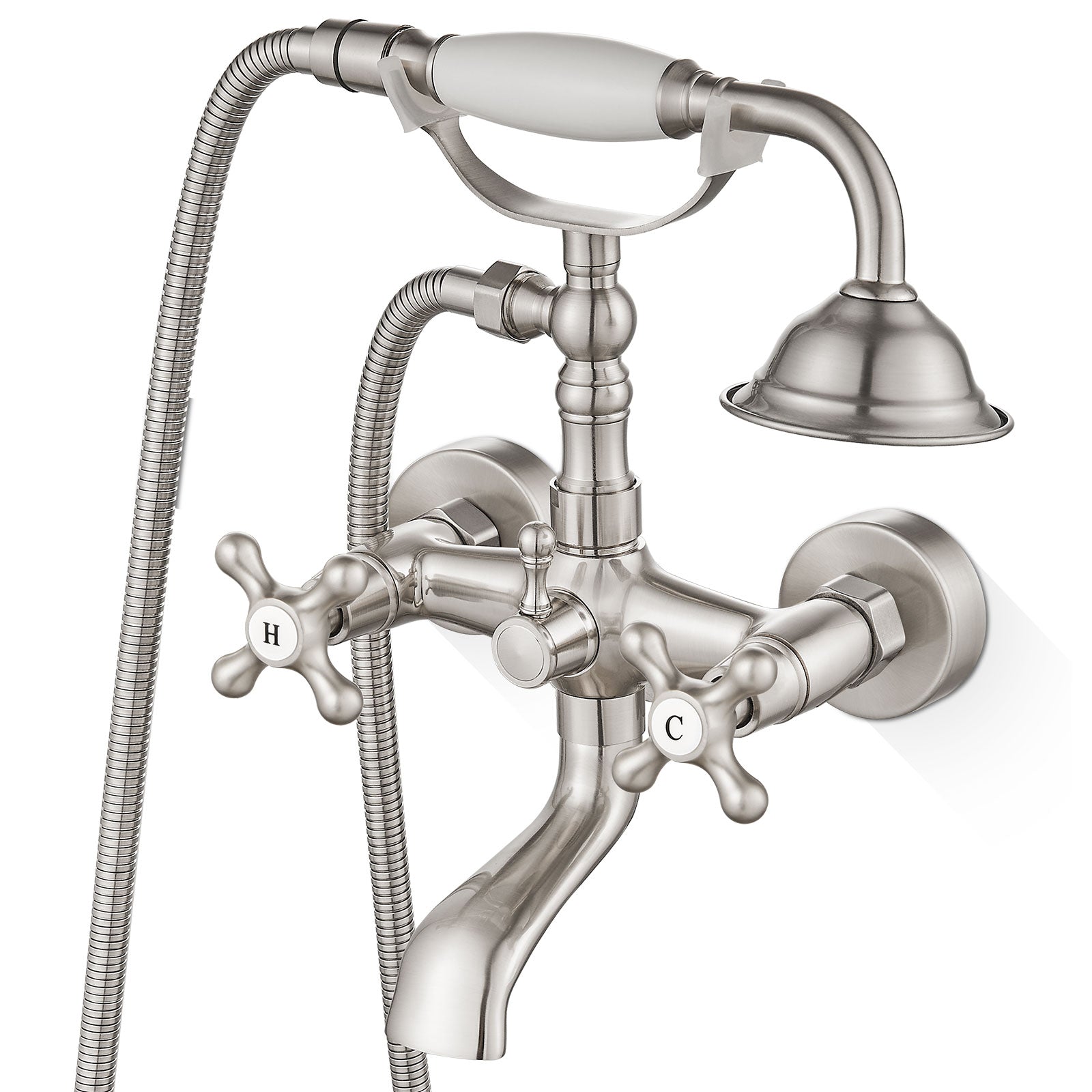 Airuida Wall Mount Bathtub Shower Faucet Kit with Telephone Shaped Handheld Sprayer Double Hot and Cold Water Mixer Tap Wall Mounted Tub Filler Set Vintage Style Lever Handles Brushed Nickel