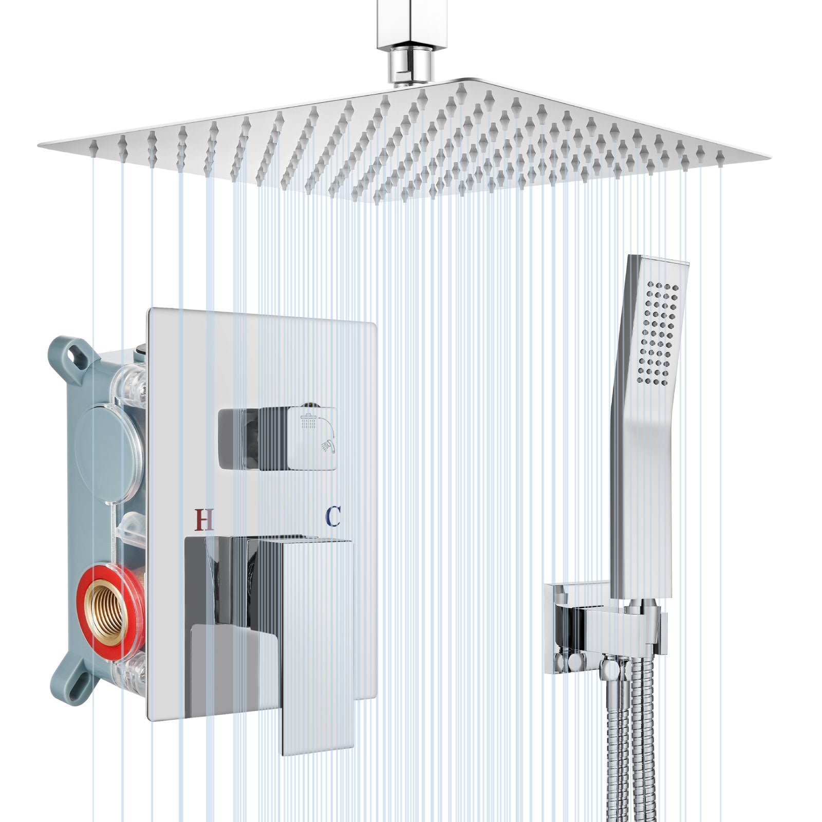 Airuida 12 Inch Ceiling Shower System SUS304 Ultra-thin Ceiling Mount Rain Shower Head with Handheld Rough-in Valve Bathroom Luxury Brass Shower Rain Mixer Shower Faucet Set