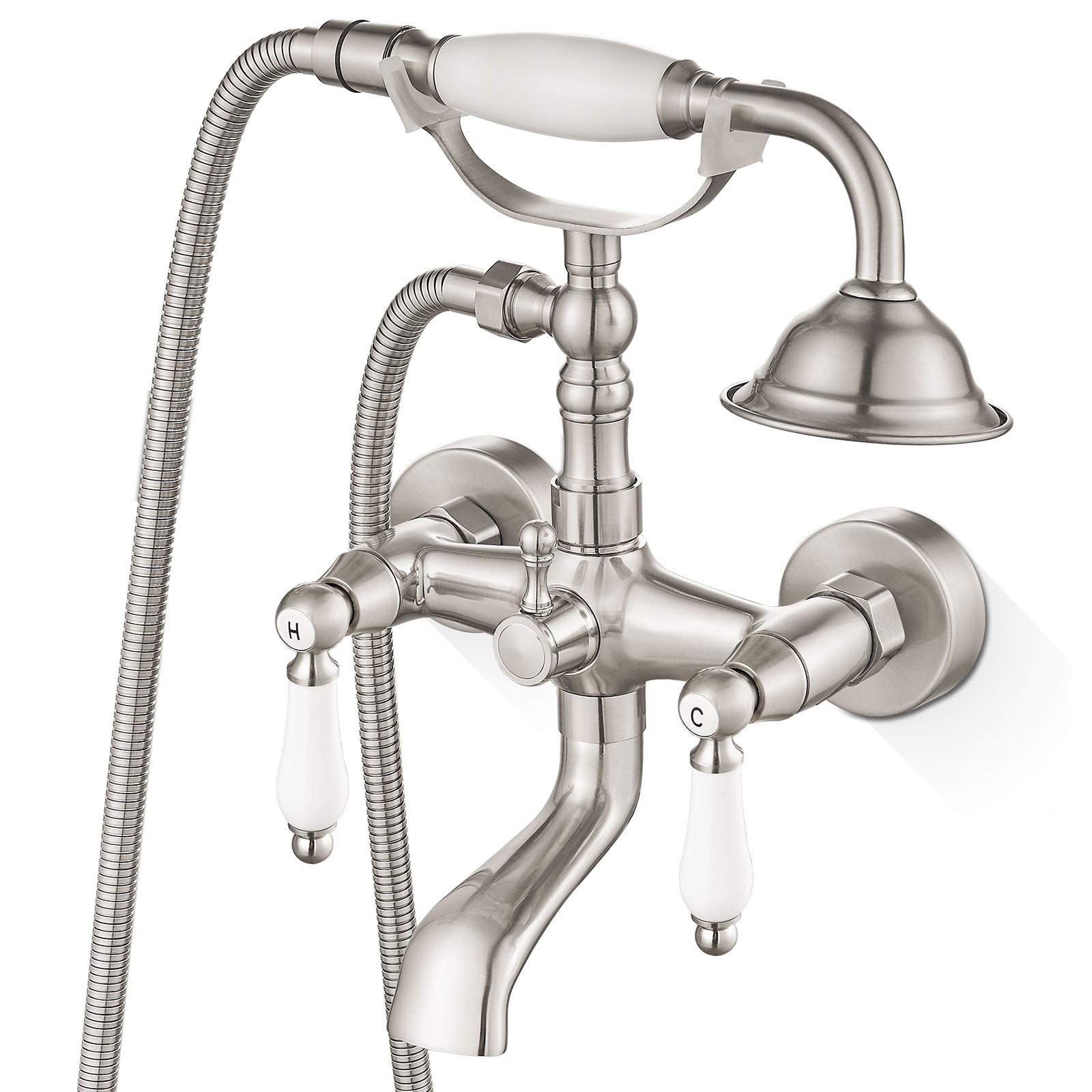 Airuida Wall Mount Bathtub Shower Faucet Kit with Telephone Shaped Handheld Sprayer Double Hot and Cold Water Mixer Tap Wall Mounted Tub Filler Set Vintage Style Lever Handles Brushed Nickel