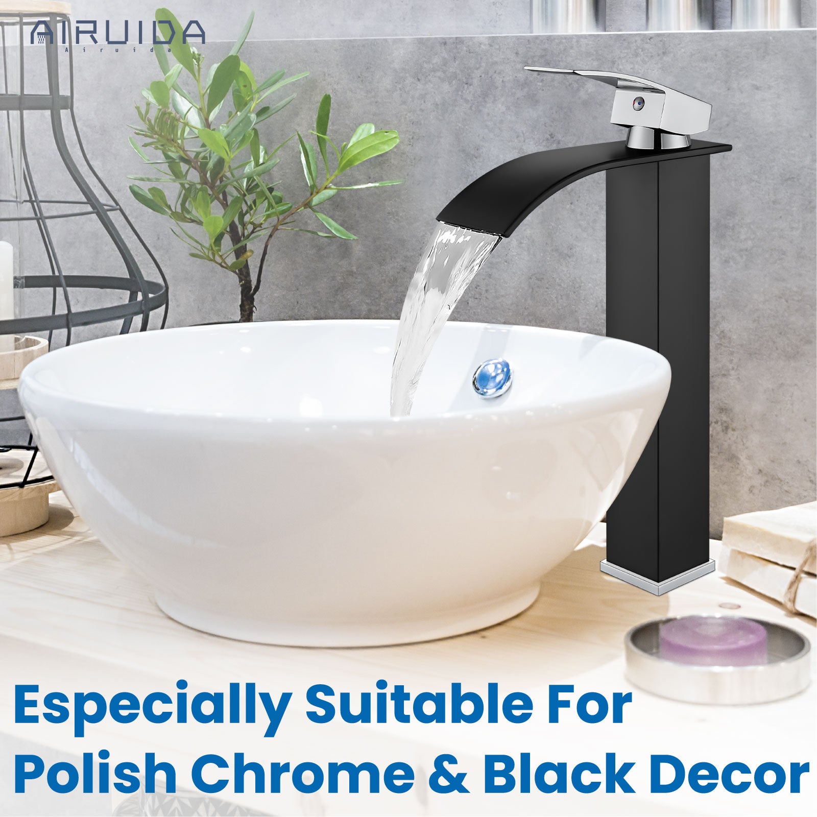 Airuida Vessel Sink Faucet, Tall Waterfall Bathroom Faucet, Single Handle One Hole Mixer Bowl Tap with Large Rectangular Spout, Bar Sink Faucet Lavatory Vanity