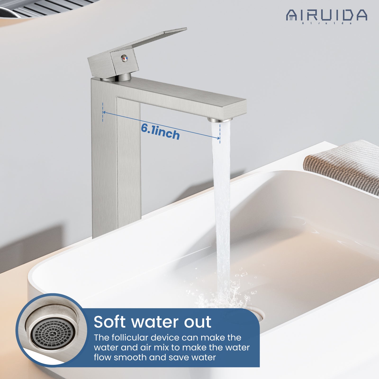 Airuida Single Handle Vessel Sink Faucet,Tall Bathroom Sinks Faucet,1 Hole Lavatory Modern Faucet for Bowl Sink,Vanity Mixer Bar Tap with Water Supply Hoses Deck Mount Square Spout