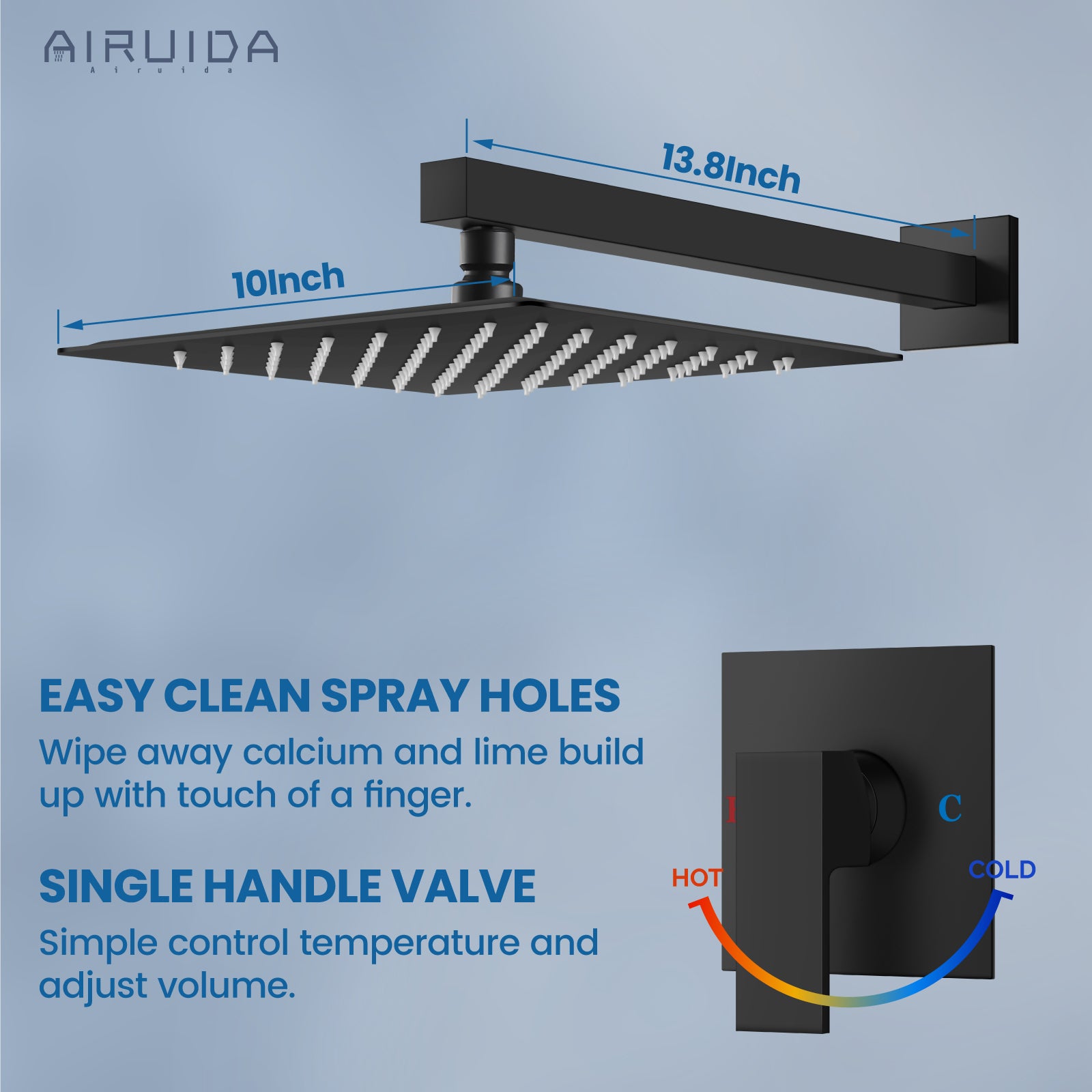 Airuida Shower Faucet Set, Single Function Shower Handle Wall Mount Bathroom Rainfall Shower Mixer, Square 10 Inch Shower Head Shower Valve and Trim Kit with Female Thread Rough-in Valve