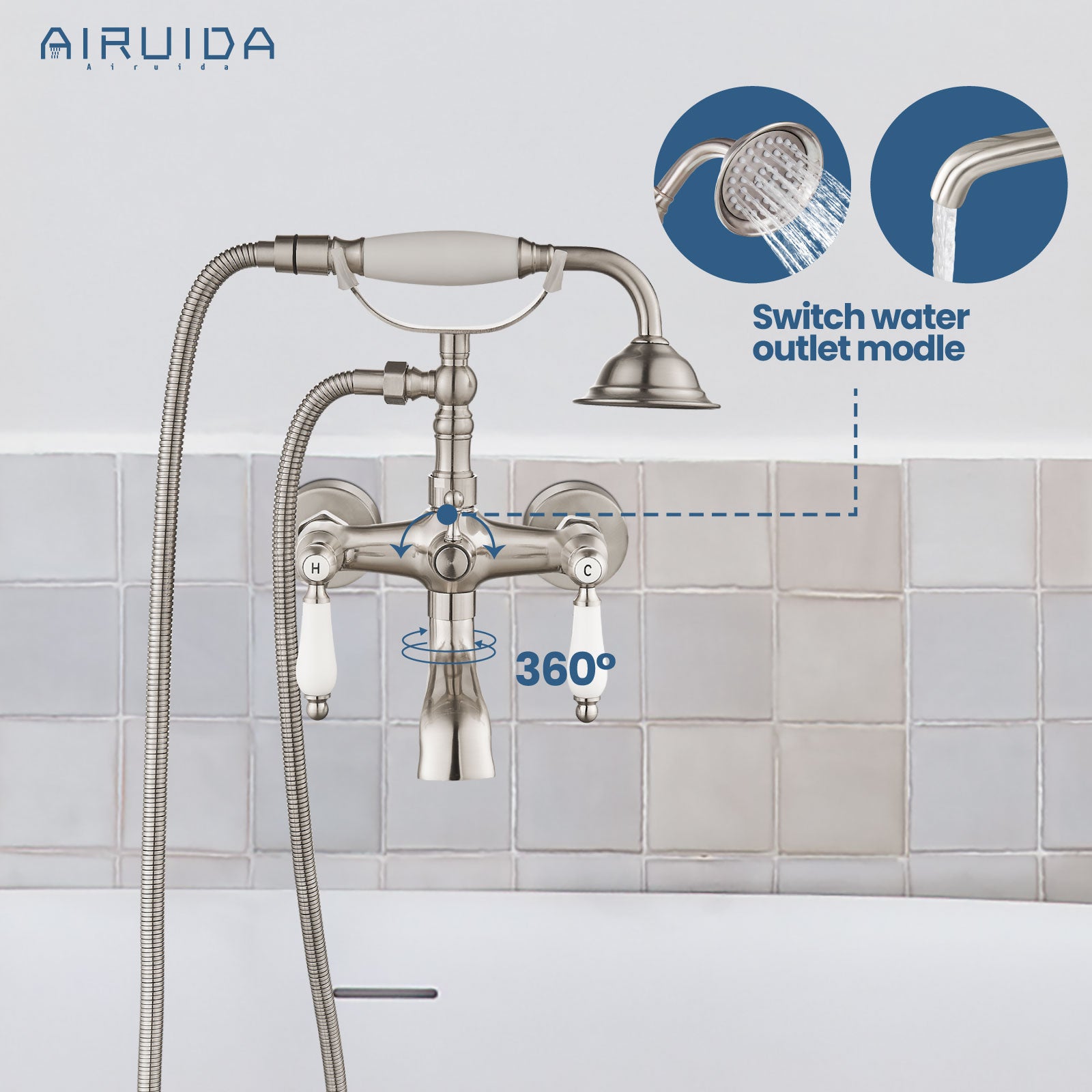 Airuida Wall Mount Bathtub Shower Faucet Kit with Telephone Shaped Handheld Sprayer Double Hot and Cold Water Mixer Tap Wall Mounted Tub Filler Set Vintage Style Lever Handles Brushed Nickel