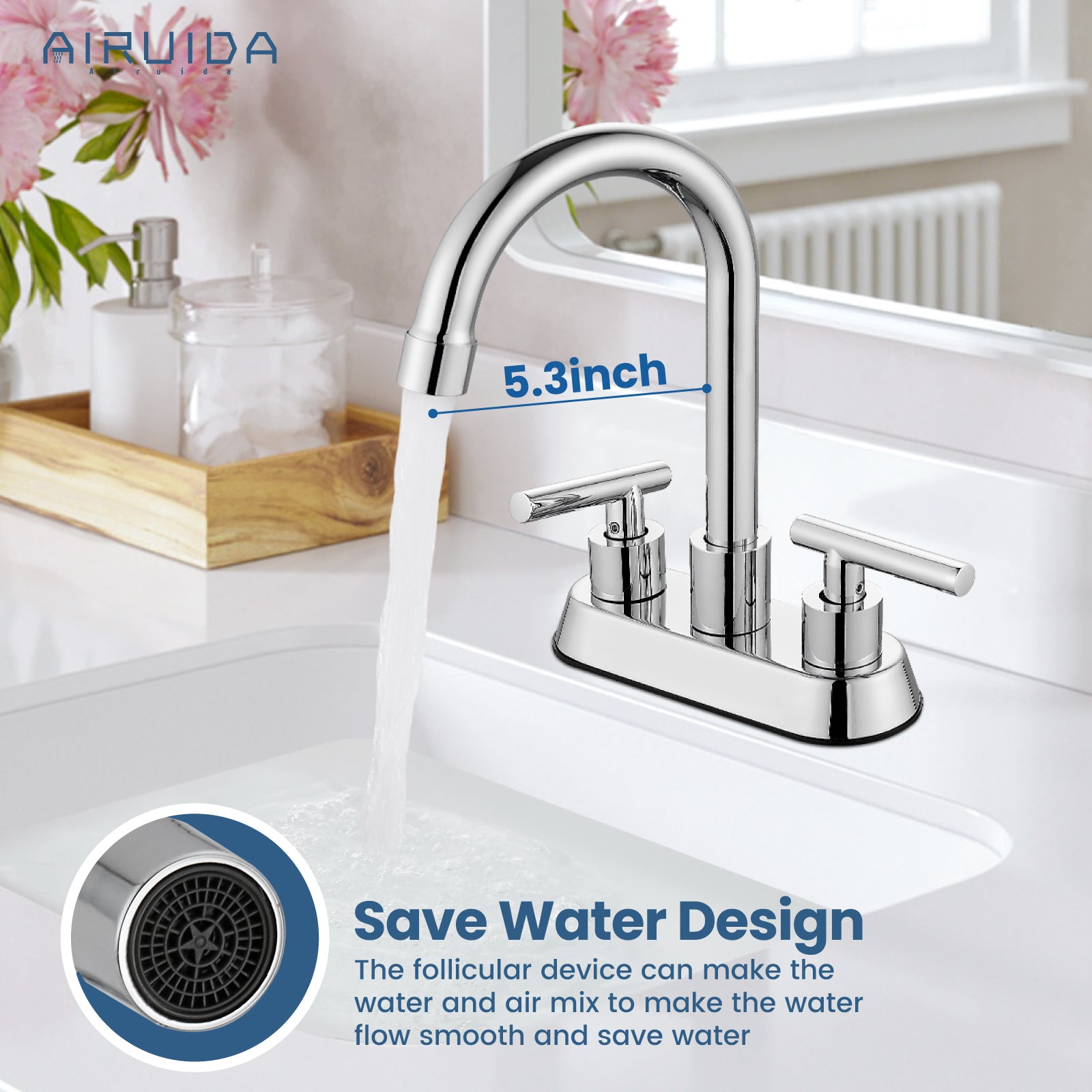 Airuida 4 Inch Centerset Bathroom Faucets,2 Handle Bathroom Sink Faucet Stainless Steel,Two Hole Restroom Vanity Faucet with Pop Up Drain 2 Water Supply Lines and Swivel Round Spout Chrome Polish