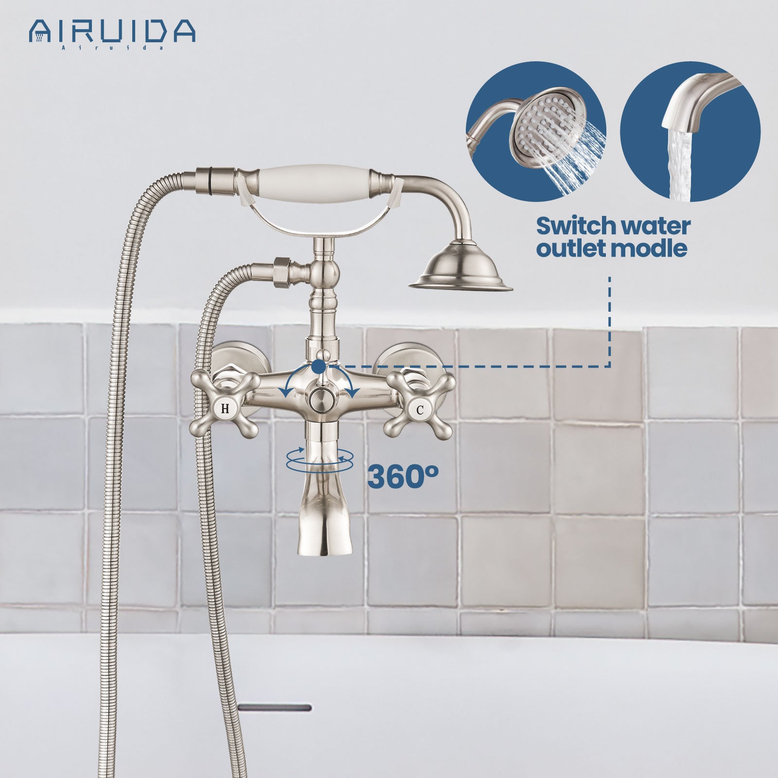 Airuida Wall Mount Bathtub Shower Faucet Kit with Telephone Shaped Handheld Sprayer Double Hot and Cold Water Mixer Tap Wall Mounted Tub Filler Set Vintage Style Lever Handles Brushed Nickel