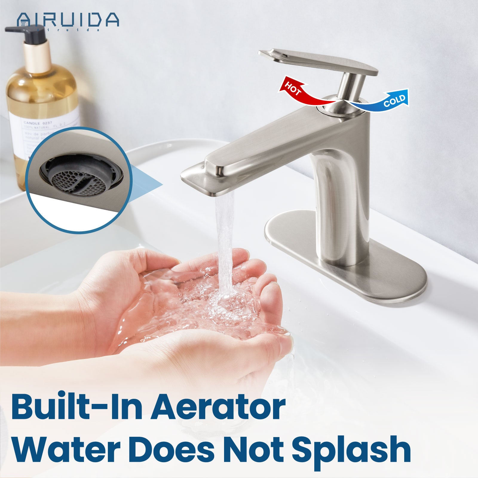 Airuida Single Handle Bathroom Sink Faucet 1 or 3 Hole Washbasin Mixer Tap Deck Mount Solid Brass Material Bath Lavatory Short Vanity Bathroom Faucet with Pop Up Drain and Deck Plate