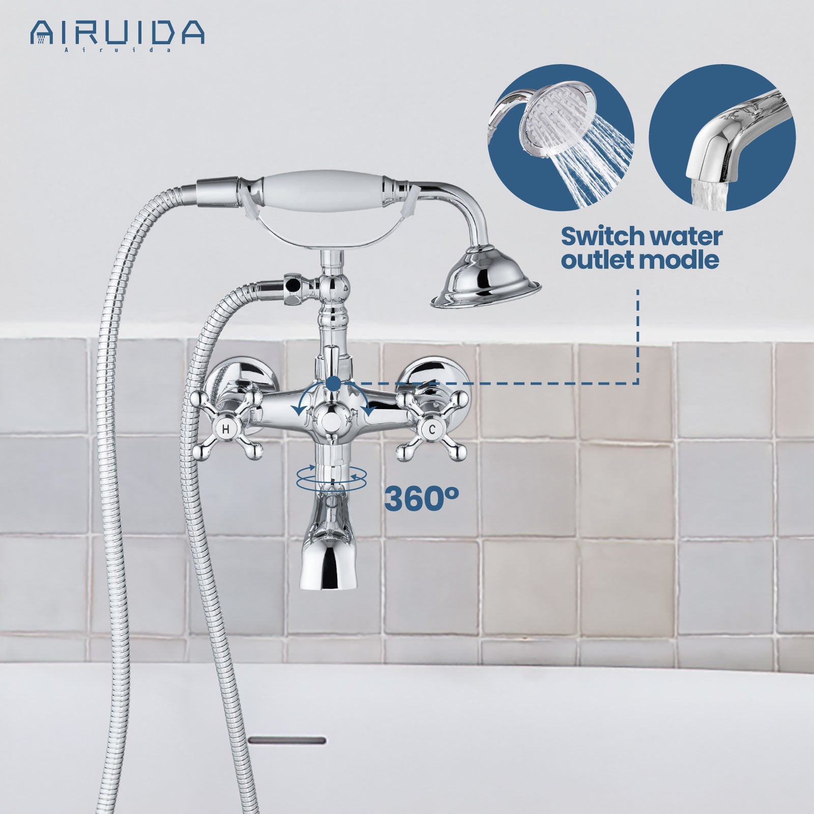 Airuida Wall Mount Bathtub Shower Faucet Kit with Telephone Shaped Handheld Sprayer Double Hot and Cold Water Mixer Tap Wall Mounted Tub Filler Set Vintage Style Cross Handles Chrome Polish