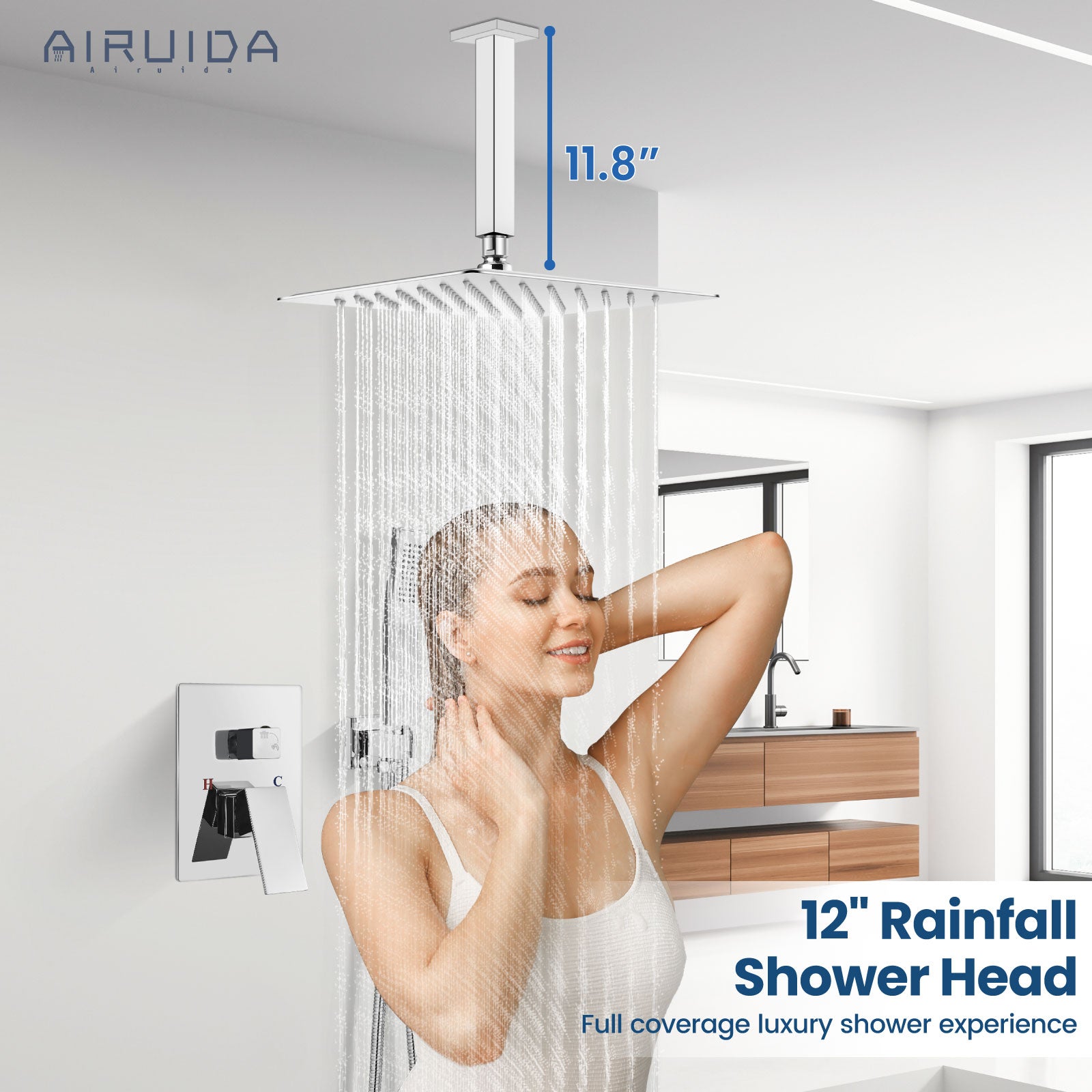 Airuida 12 Inch Ceiling Shower System SUS304 Ultra-thin Ceiling Mount Rain Shower Head with Handheld Rough-in Valve Bathroom Luxury Brass Shower Rain Mixer Shower Faucet Set