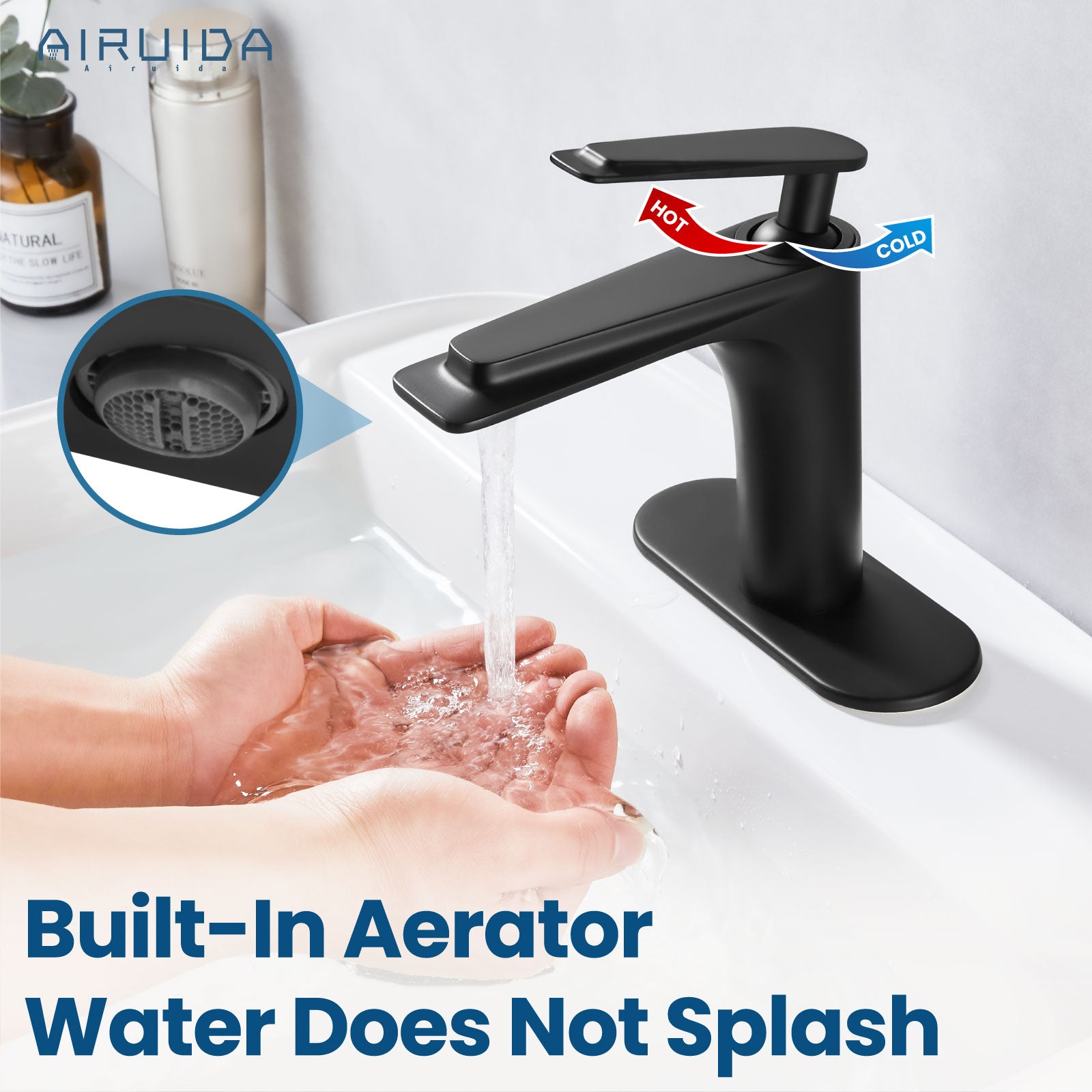 Airuida Single Handle Bathroom Sink Faucet 1 or 3 Hole Washbasin Mixer Tap Deck Mount Solid Brass Material Bath Lavatory Short Vanity Bathroom Faucet with Pop Up Drain and Deck Plate