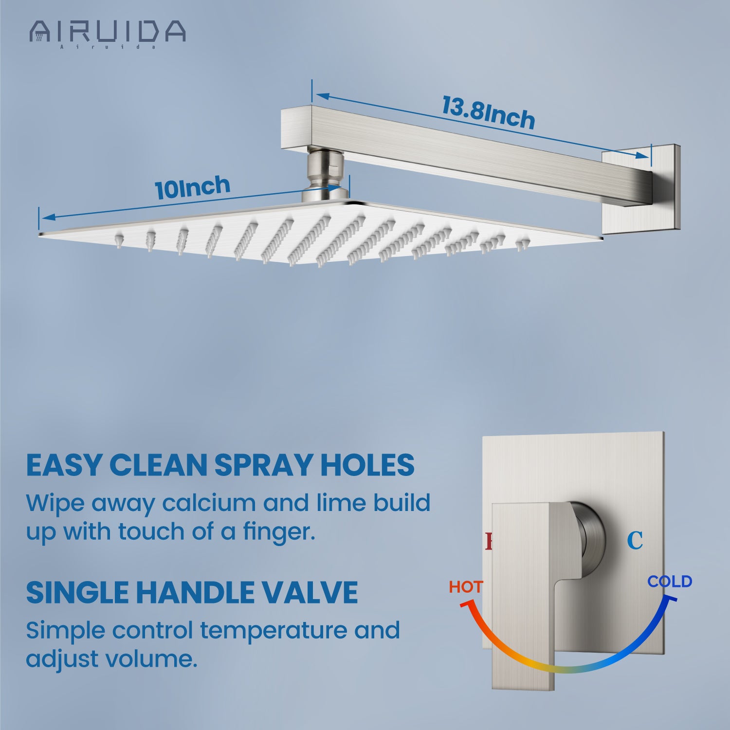 Airuida Shower Faucet Set, Single Function Shower Handle Wall Mount Bathroom Rainfall Shower Mixer, Square 10 Inch Shower Head Shower Valve and Trim Kit with Female Thread Rough-in Valve