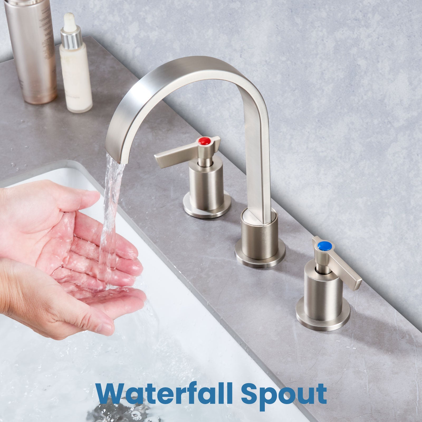 Airuida 3 Hole Bathroom Faucet,8 inch Widespread Tap 2 Handles Stainless Steel Lavatory Vanity Sink Faucets with Pop Up Drain 360 Degree Swivel Waterfall Spout