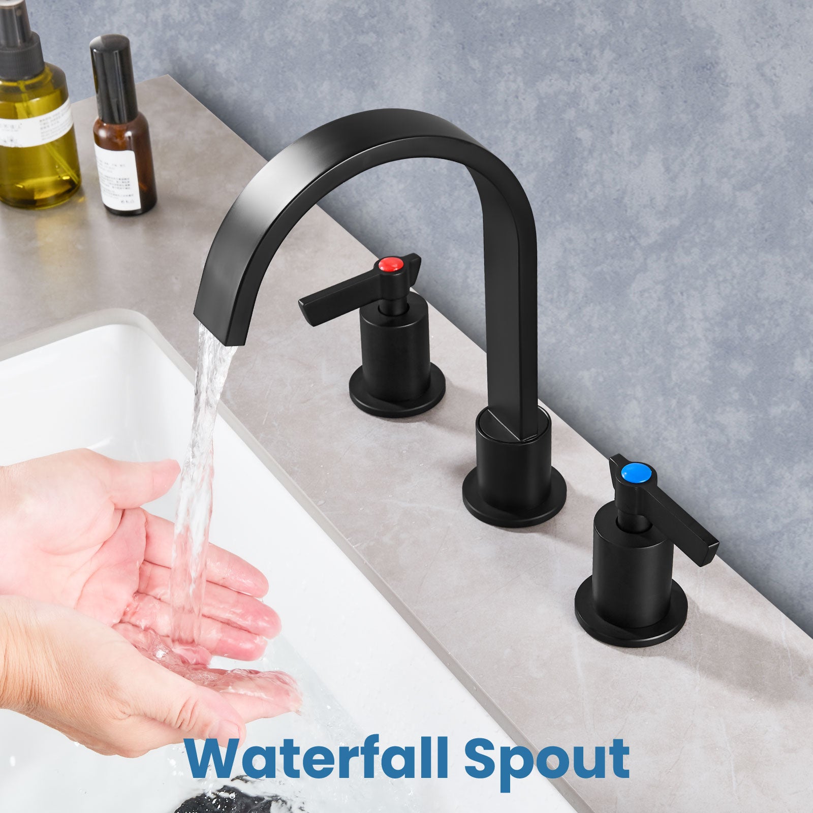 Airuida 3 Hole Bathroom Faucet,8 inch Widespread Tap 2 Handles Stainless Steel Lavatory Vanity Sink Faucets with Pop Up Drain 360 Degree Swivel Waterfall Spout