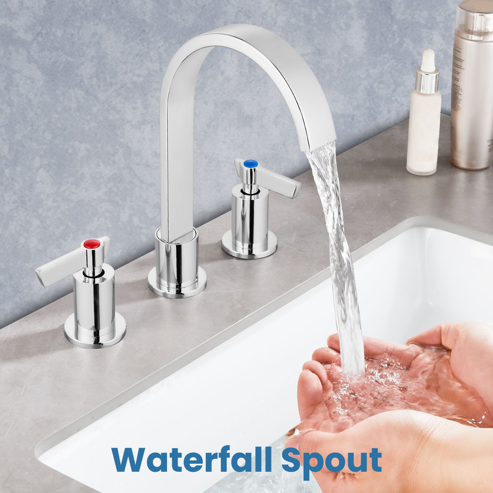 Airuida 3 Hole Bathroom Faucet,8 inch Widespread Tap 2 Handles Stainless Steel Lavatory Vanity Sink Faucets with Pop Up Drain 360 Degree Swivel Waterfall Spout