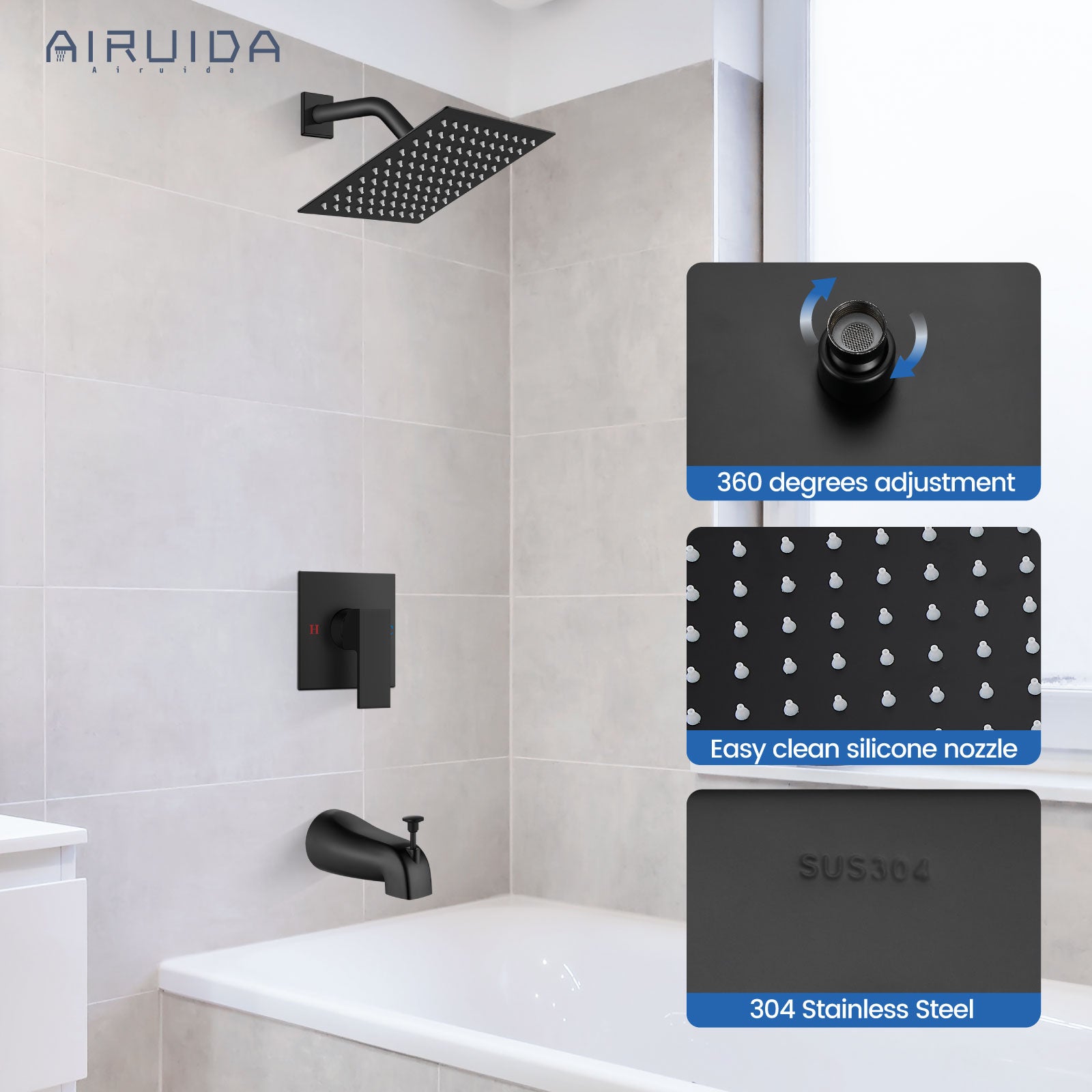 Airuida Shower Faucet Set with Tub Spout Bathtub Faucet Kit Shower Tub Faucet Set Complete Tub Shower Trim Kit with Solid Brass Rough-in Valve and Rainfall Square Showerhead