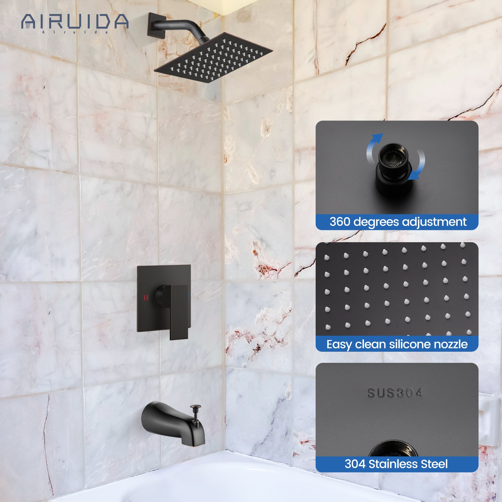 Airuida Shower Faucet Set with Tub Spout Bathtub Faucet Kit Shower Tub Faucet Set Complete Tub Shower Trim Kit with Solid Brass Rough-in Valve and Rainfall Square Showerhead