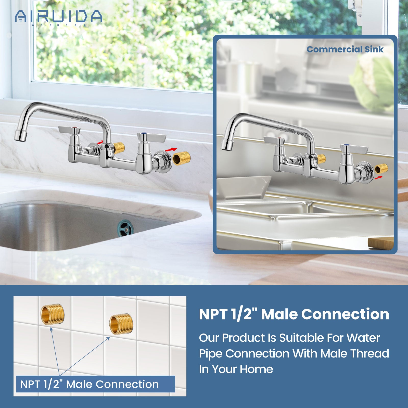 Airuida Wall Mount Kitchen Sink Faucet Commercial Sink Faucet 8 Inch Center Kitchen Mixer Commercial Tap for Laundry Room with 2 Hole Double Handles 360 Rotatable