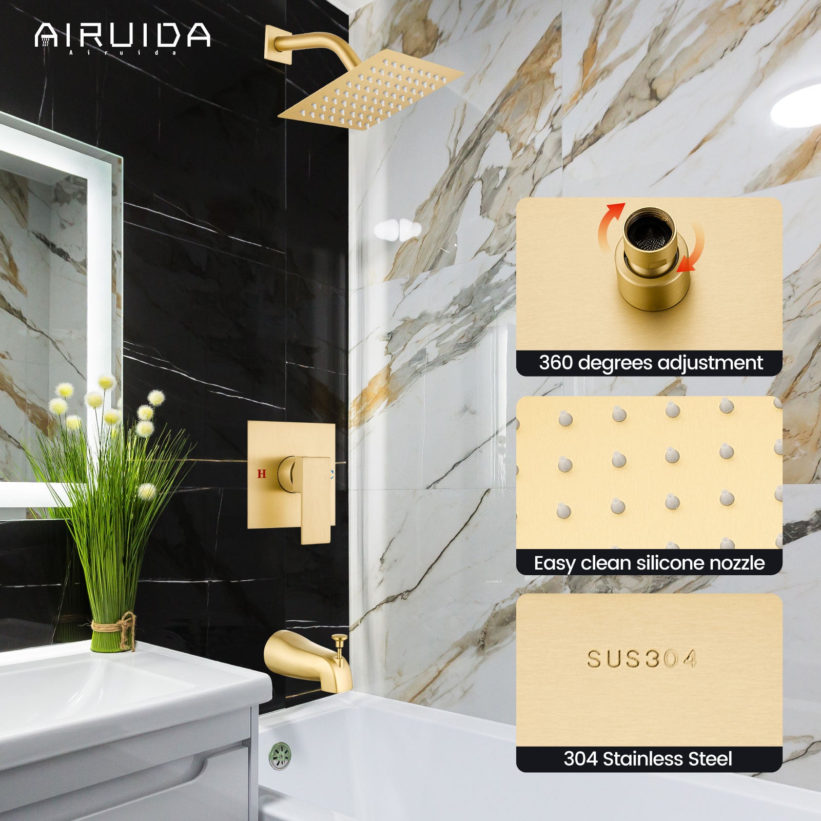 Airuida Shower Faucet Set with Tub Spout Bathtub Faucet Kit Shower Tub Faucet Set Complete Tub Shower Trim Kit with Solid Brass Rough-in Valve and Rainfall Square Showerhead