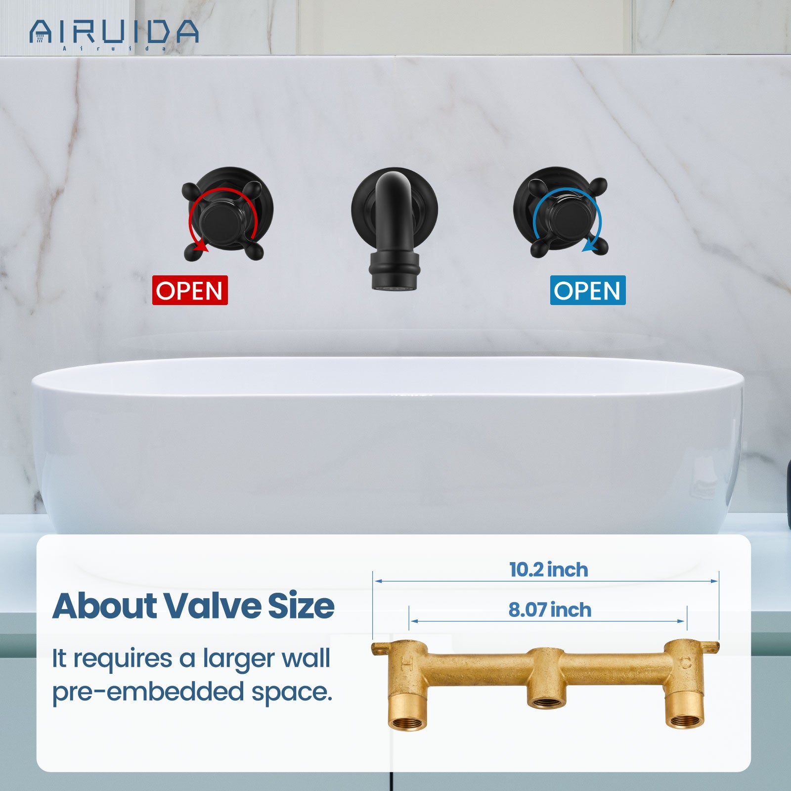 Airuida Wall Mount Bathroom Faucet Widespread Wall Mounted Bathroom Sink Faucet 360 Swivel Spout 2 Cross Knobs 3 Holes Lavatory Basin Sink Mixing Faucet with Brass Rough in Valve Matte Black