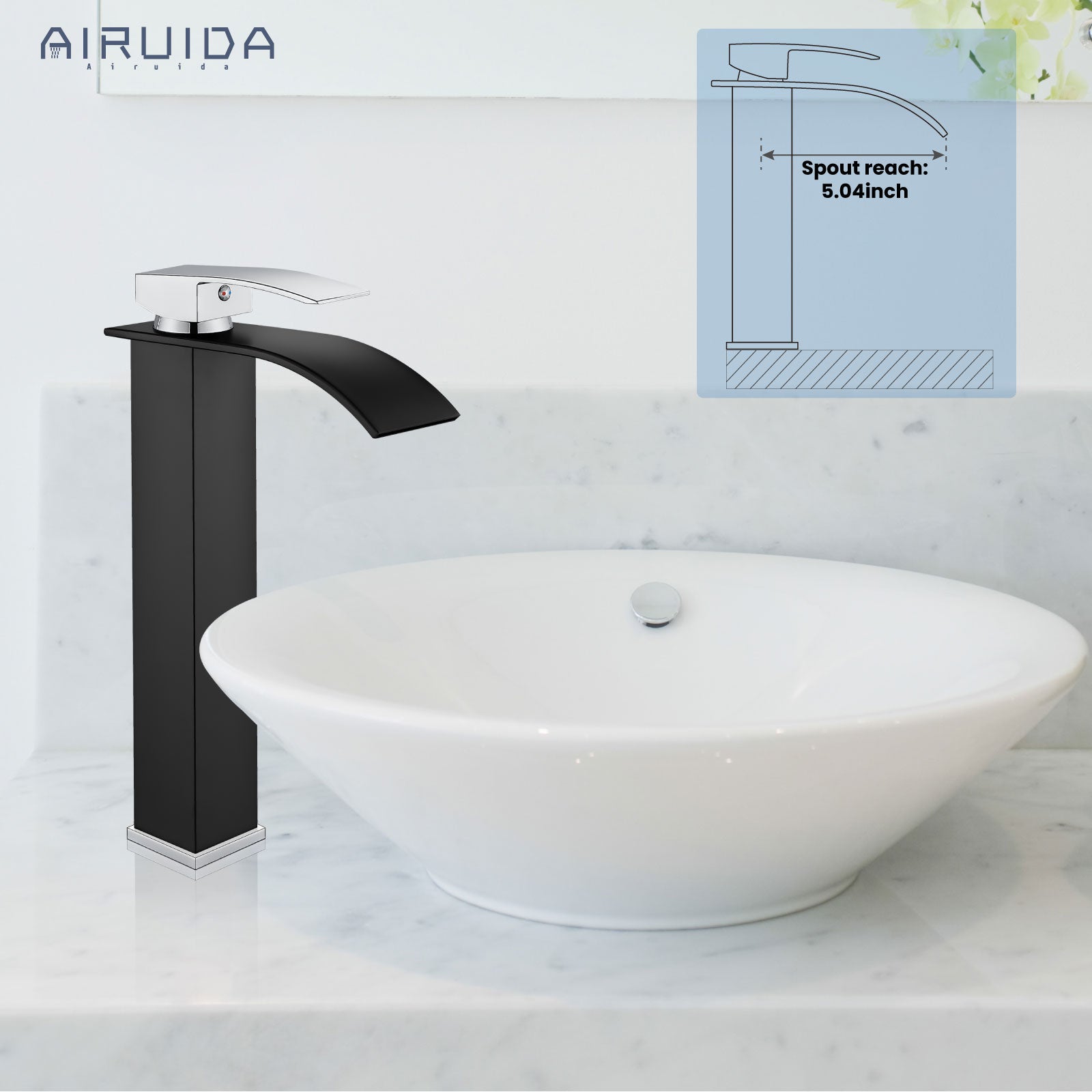 Airuida Vessel Sink Faucet, Tall Waterfall Bathroom Faucet, Single Handle One Hole Mixer Bowl Tap with Large Rectangular Spout, Bar Sink Faucet Lavatory Vanity