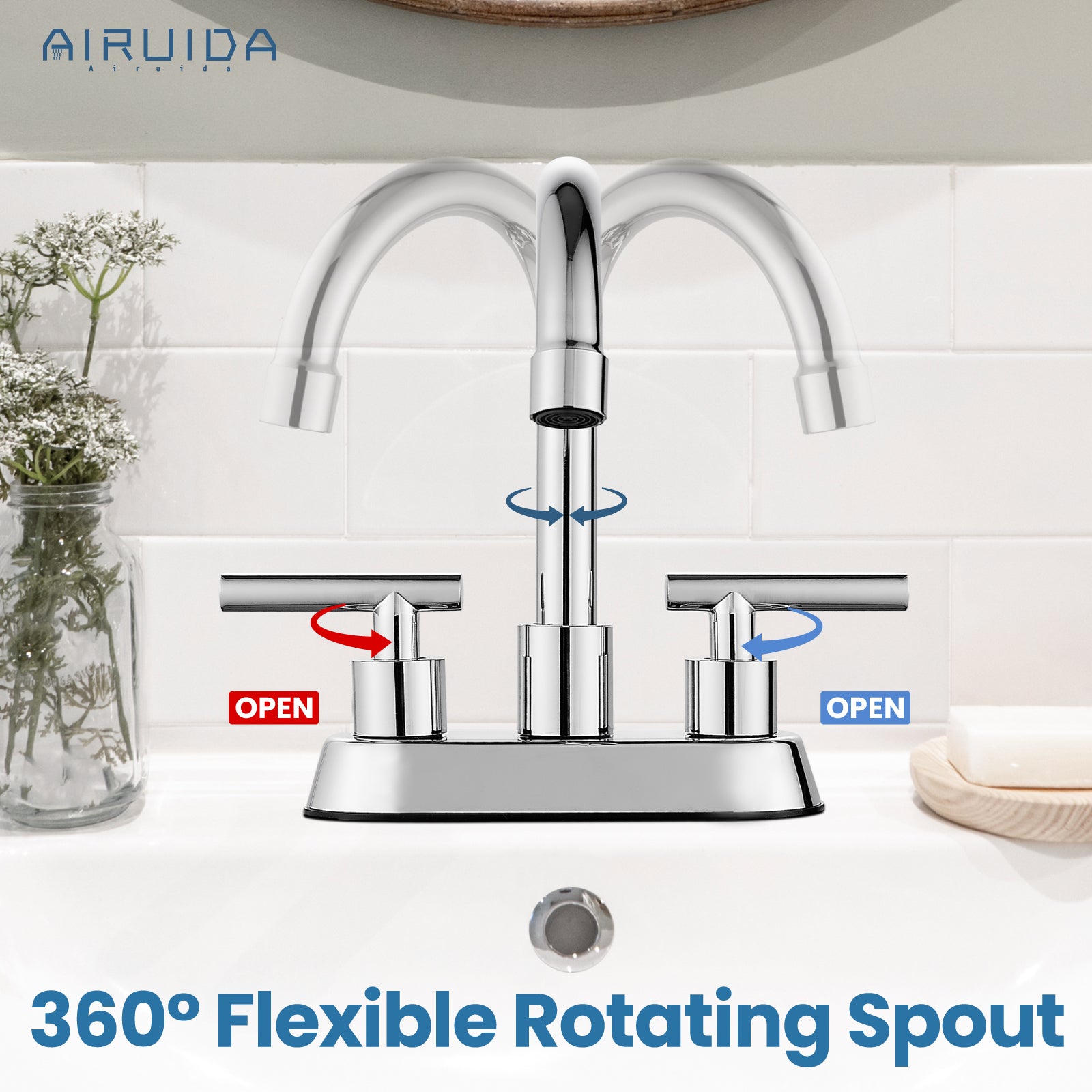 Airuida 4 Inch Centerset Bathroom Faucets,2 Handle Bathroom Sink Faucet Stainless Steel,Two Hole Restroom Vanity Faucet with Pop Up Drain 2 Water Supply Lines and Swivel Round Spout Chrome Polish