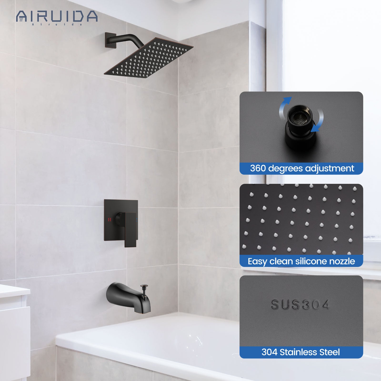 Airuida Shower Faucet Set with Tub Spout Bathtub Faucet Kit Shower Tub Faucet Set Complete Tub Shower Trim Kit with Solid Brass Rough-in Valve and Rainfall Square Showerhead