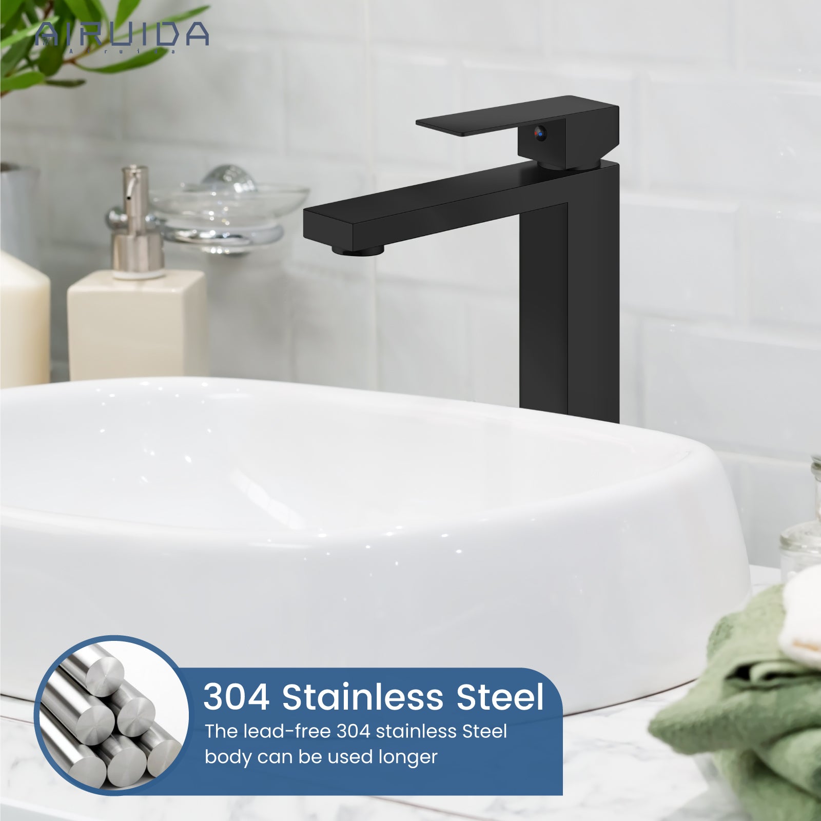 Airuida Single Handle Vessel Sink Faucet,Tall Bathroom Sinks Faucet,1 Hole Lavatory Modern Faucet for Bowl Sink,Vanity Mixer Bar Tap with Water Supply Hoses Deck Mount Square Spout