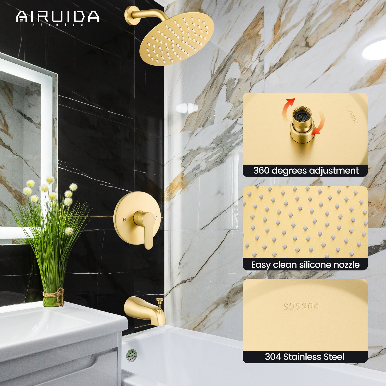 Airuida Shower Faucet Set with Tub Spout Bathtub Faucet Kit Shower Tub Faucet Set Complete Tub Shower Trim Kit with Solid Brass Rough-in Valve Rainfall Round Shower Head