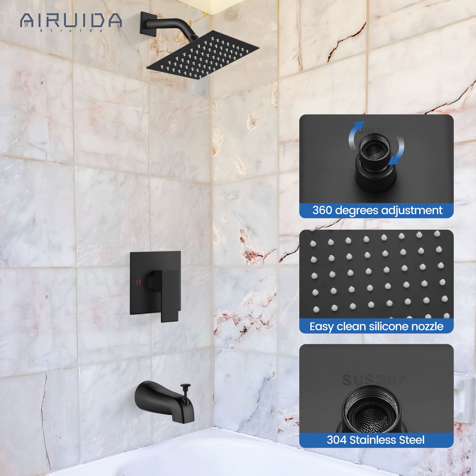 Airuida Shower Faucet Set with Tub Spout Bathtub Faucet Kit Shower Tub Faucet Set Complete Tub Shower Trim Kit with Solid Brass Rough-in Valve and Rainfall Square Showerhead