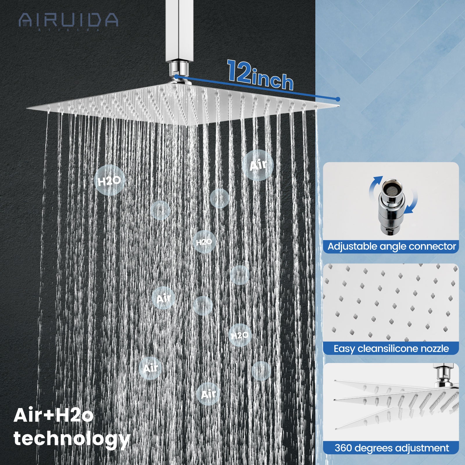 Airuida 12 Inch Ceiling Shower System SUS304 Ultra-thin Ceiling Mount Rain Shower Head with Handheld Rough-in Valve Bathroom Luxury Brass Shower Rain Mixer Shower Faucet Set