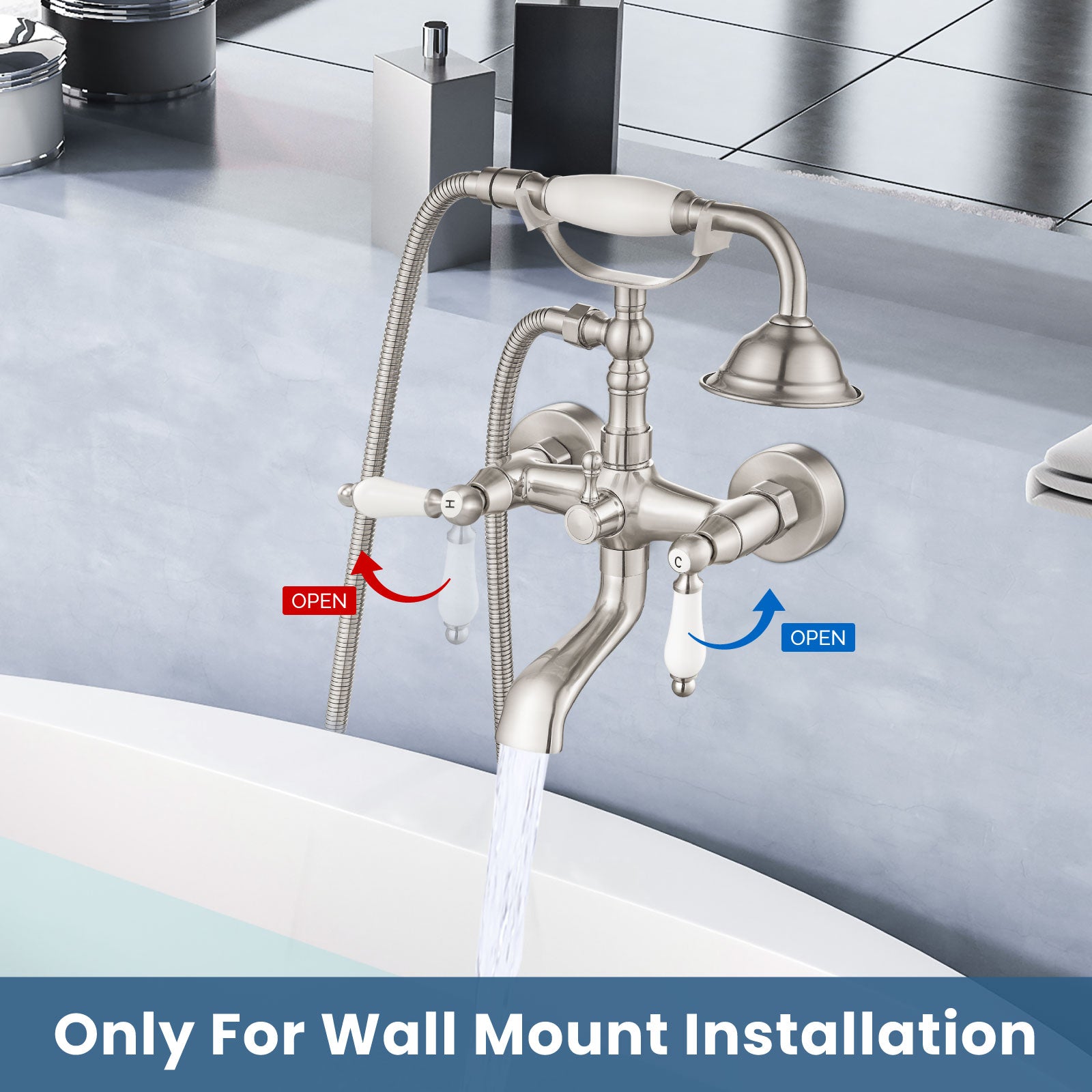 Airuida Wall Mount Bathtub Shower Faucet Kit with Telephone Shaped Handheld Sprayer Double Hot and Cold Water Mixer Tap Wall Mounted Tub Filler Set Vintage Style Lever Handles Brushed Nickel