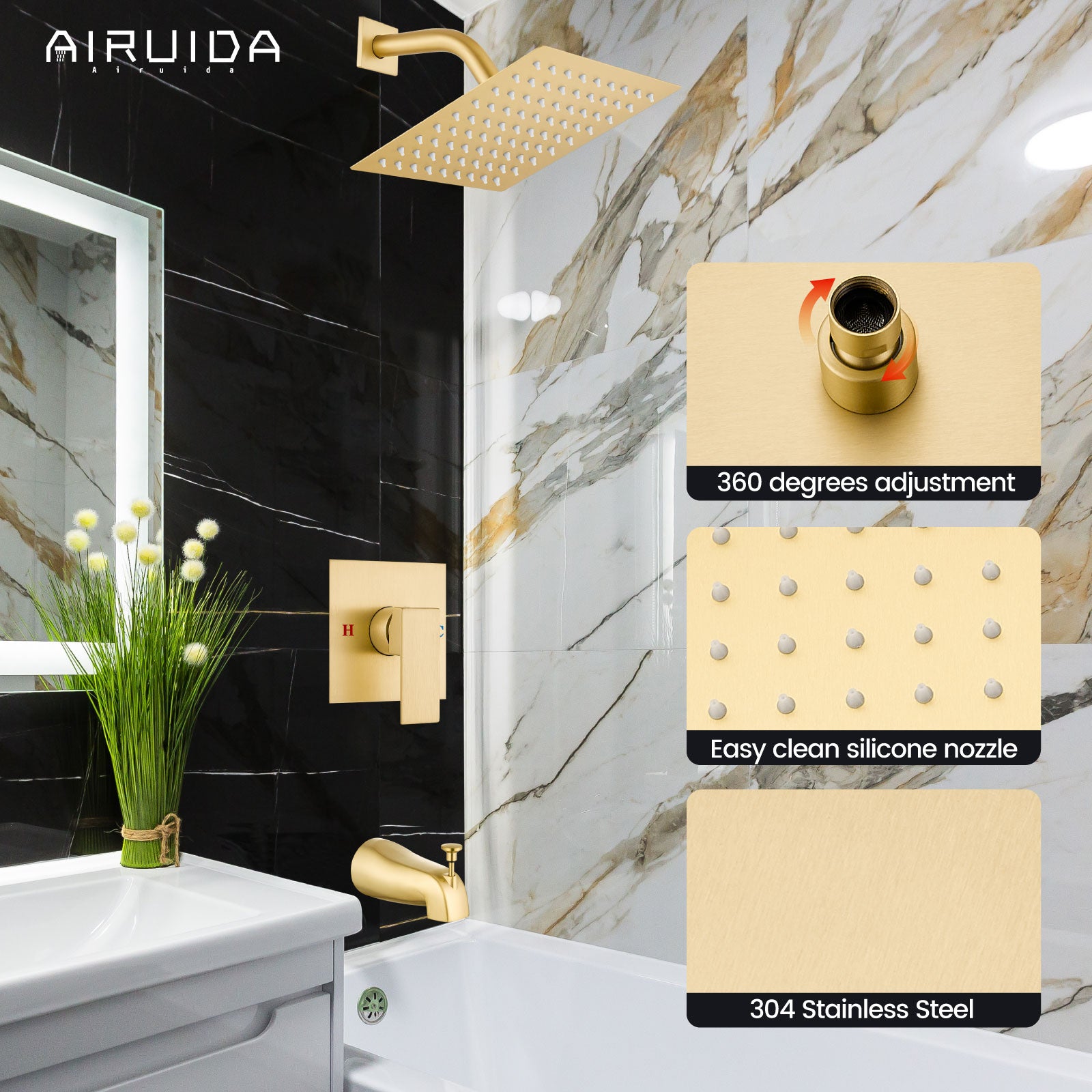 Airuida Shower Faucet Set with Tub Spout Bathtub Faucet Kit Shower Tub Faucet Set Complete Tub Shower Trim Kit with Solid Brass Rough-in Valve and Rainfall Square Showerhead