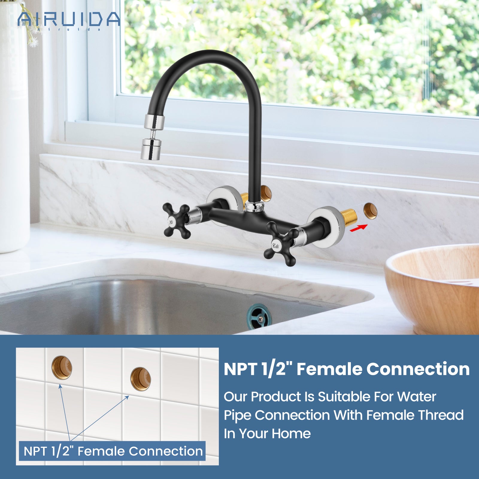 Airuida Matte Black & Polished Chrome Wall Mount Faucet with Sprayer Commercial Kitchen Faucet 8 Inch Center Utility Sink Faucet 360 Degree Swivel Spout Restaurant Sinks Laundry Room Faucet