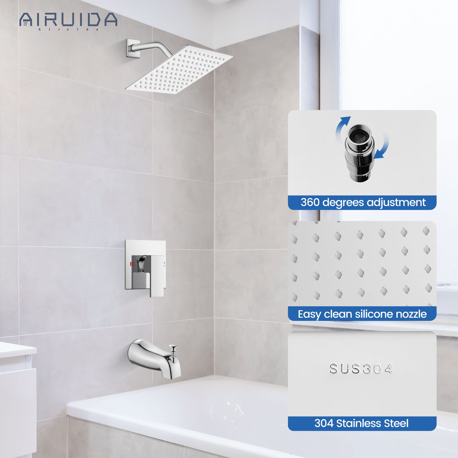Airuida Shower Faucet Set with Tub Spout Bathtub Faucet Kit Shower Tub Faucet Set Complete Tub Shower Trim Kit with Solid Brass Rough-in Valve and Rainfall Square Showerhead
