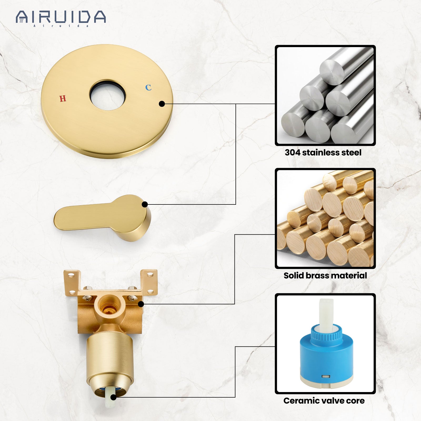 Airuida Round Single-Function Shower Handle Valve Trim Kit Shower Valves Wall Mount Brass Faucet Shower Rough-in Valve Bathroom Trim Kit Single Handle Tub Shower Valve Female Thread Brushed Gold