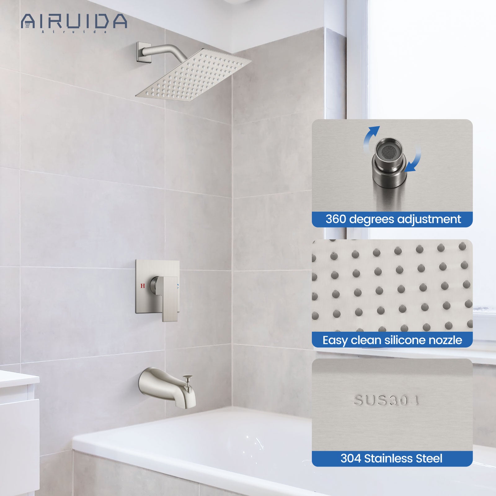 Airuida Shower Faucet Set with Tub Spout Bathtub Faucet Kit Shower Tub Faucet Set Complete Tub Shower Trim Kit with Solid Brass Rough-in Valve and Rainfall Square Showerhead