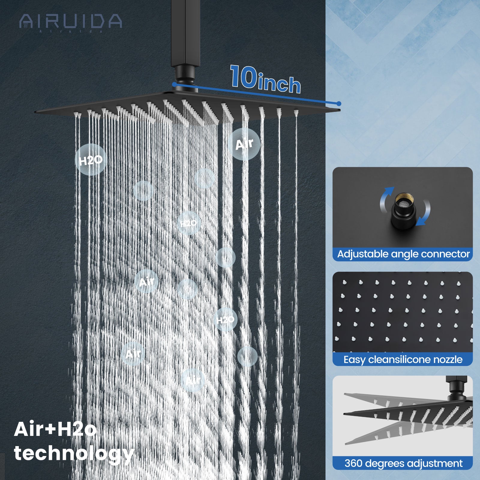 Airuida Matte Black Ceiling Mount Rain Shower System Shower Faucets Sets Complete 10 Inch Square SUS304 Rainfall Shower Head with Brass Handheld Spray, Rough-in Valve Mixer Shower Combo Set