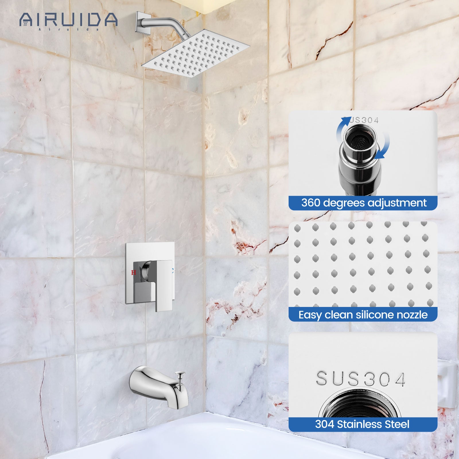 Airuida Shower Faucet Set with Tub Spout Bathtub Faucet Kit Shower Tub Faucet Set Complete Tub Shower Trim Kit with Solid Brass Rough-in Valve and Rainfall Square Showerhead