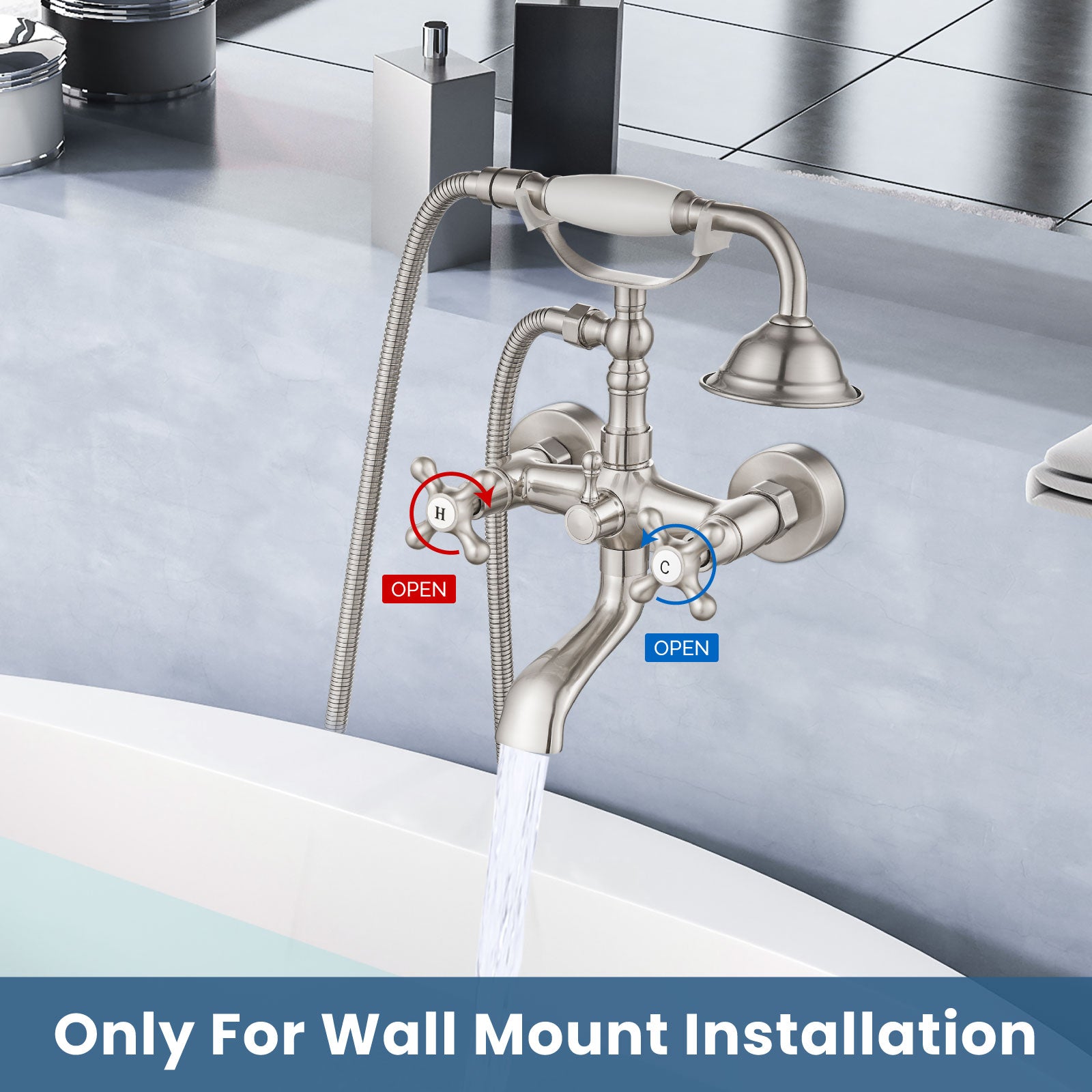 Airuida Wall Mount Bathtub Shower Faucet Kit with Telephone Shaped Handheld Sprayer Double Hot and Cold Water Mixer Tap Wall Mounted Tub Filler Set Vintage Style Lever Handles Brushed Nickel