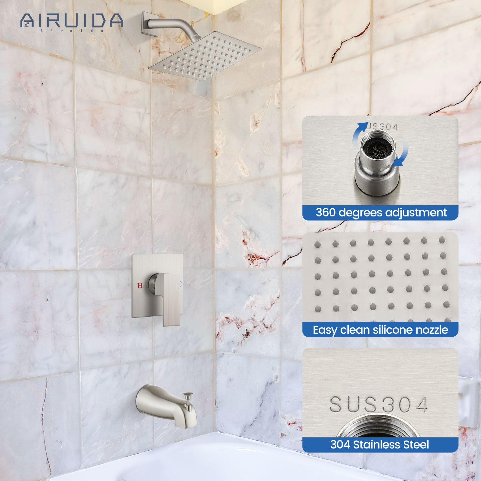 Airuida Shower Faucet Set with Tub Spout Bathtub Faucet Kit Shower Tub Faucet Set Complete Tub Shower Trim Kit with Solid Brass Rough-in Valve and Rainfall Square Showerhead