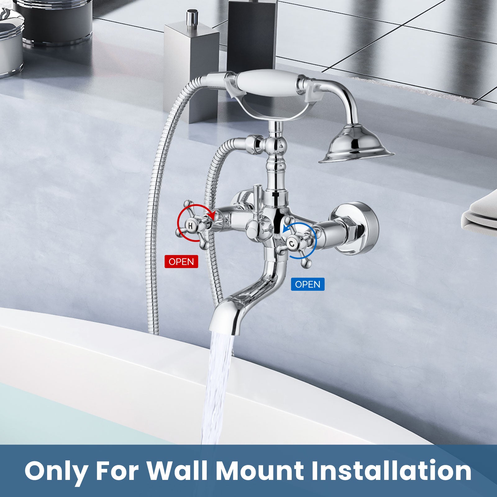Airuida Wall Mount Bathtub Shower Faucet Kit with Telephone Shaped Handheld Sprayer Double Hot and Cold Water Mixer Tap Wall Mounted Tub Filler Set Vintage Style Cross Handles Chrome Polish