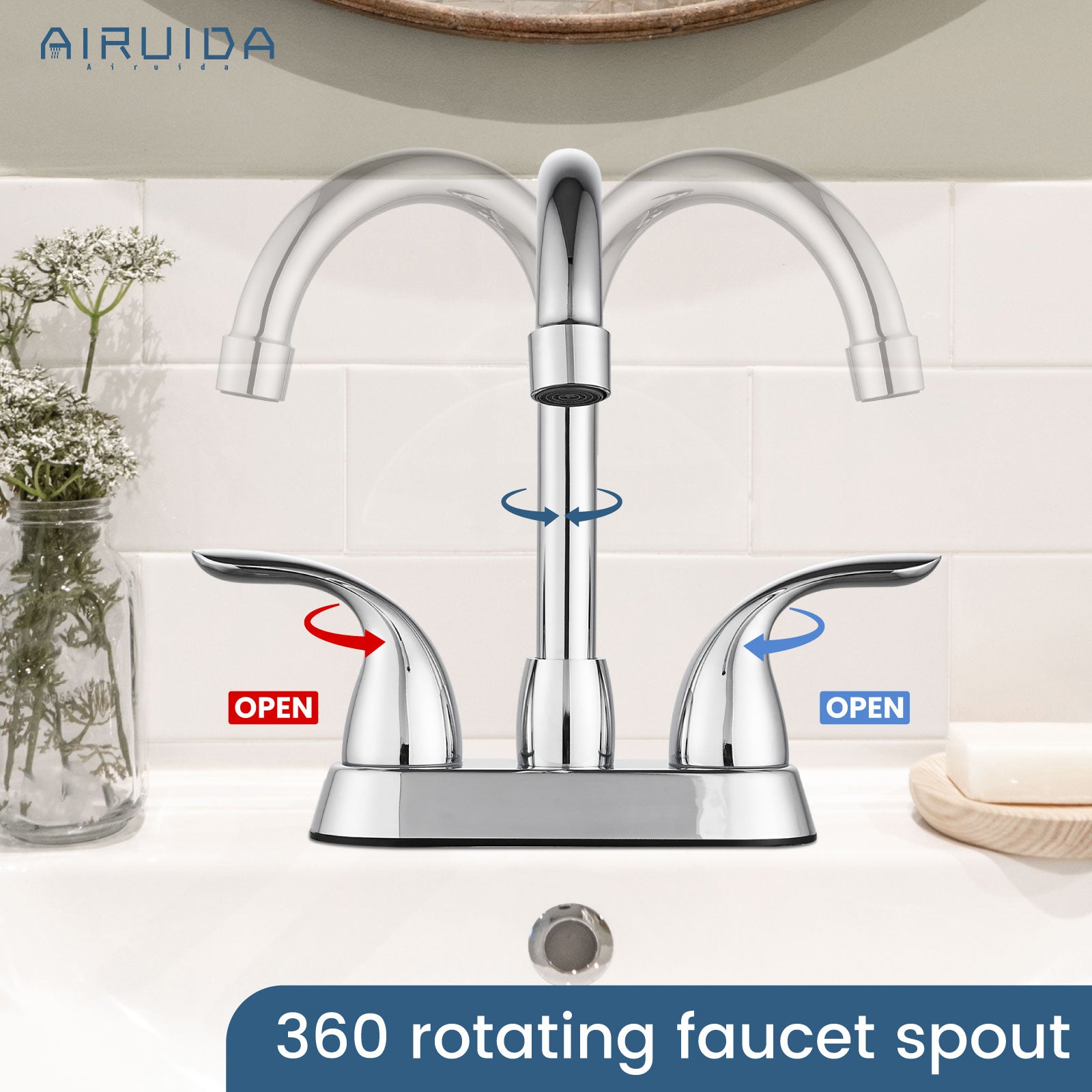 Airuida 4 Inch Centerset Bathroom Faucet RV Basin Mixer Bar Tap Bathroom Sink Faucet with Lift Rod Drain Stopper 2 Handle Modern Lavatory Commercial Faucet Deck Mount