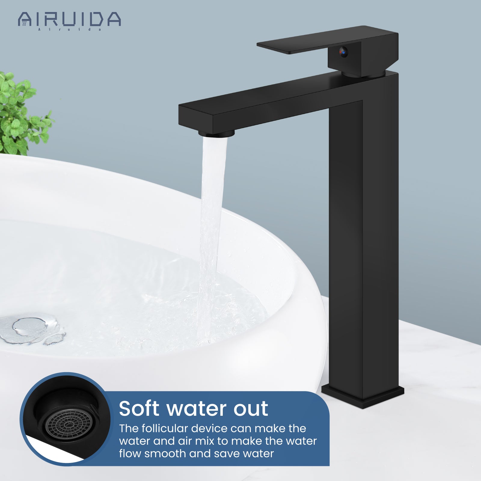 Airuida Single Handle Vessel Sink Faucet,Tall Bathroom Sinks Faucet,1 Hole Lavatory Modern Faucet for Bowl Sink,Vanity Mixer Bar Tap with Water Supply Hoses Deck Mount Square Spout