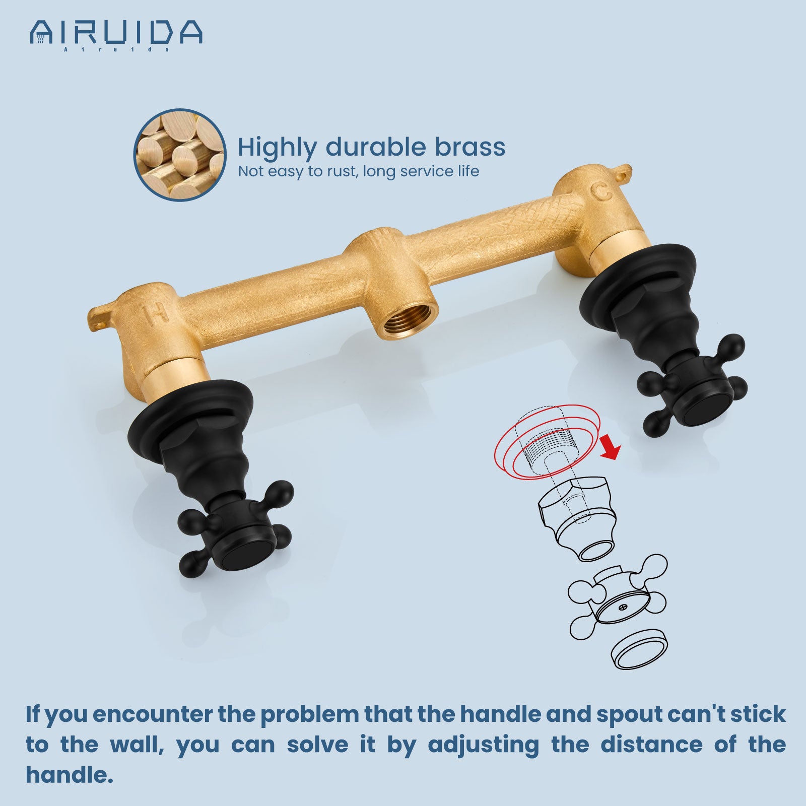 Airuida Wall Mount Bathroom Faucet Widespread Wall Mounted Bathroom Sink Faucet 360 Swivel Spout 2 Cross Knobs 3 Holes Lavatory Basin Sink Mixing Faucet with Brass Rough in Valve Matte Black