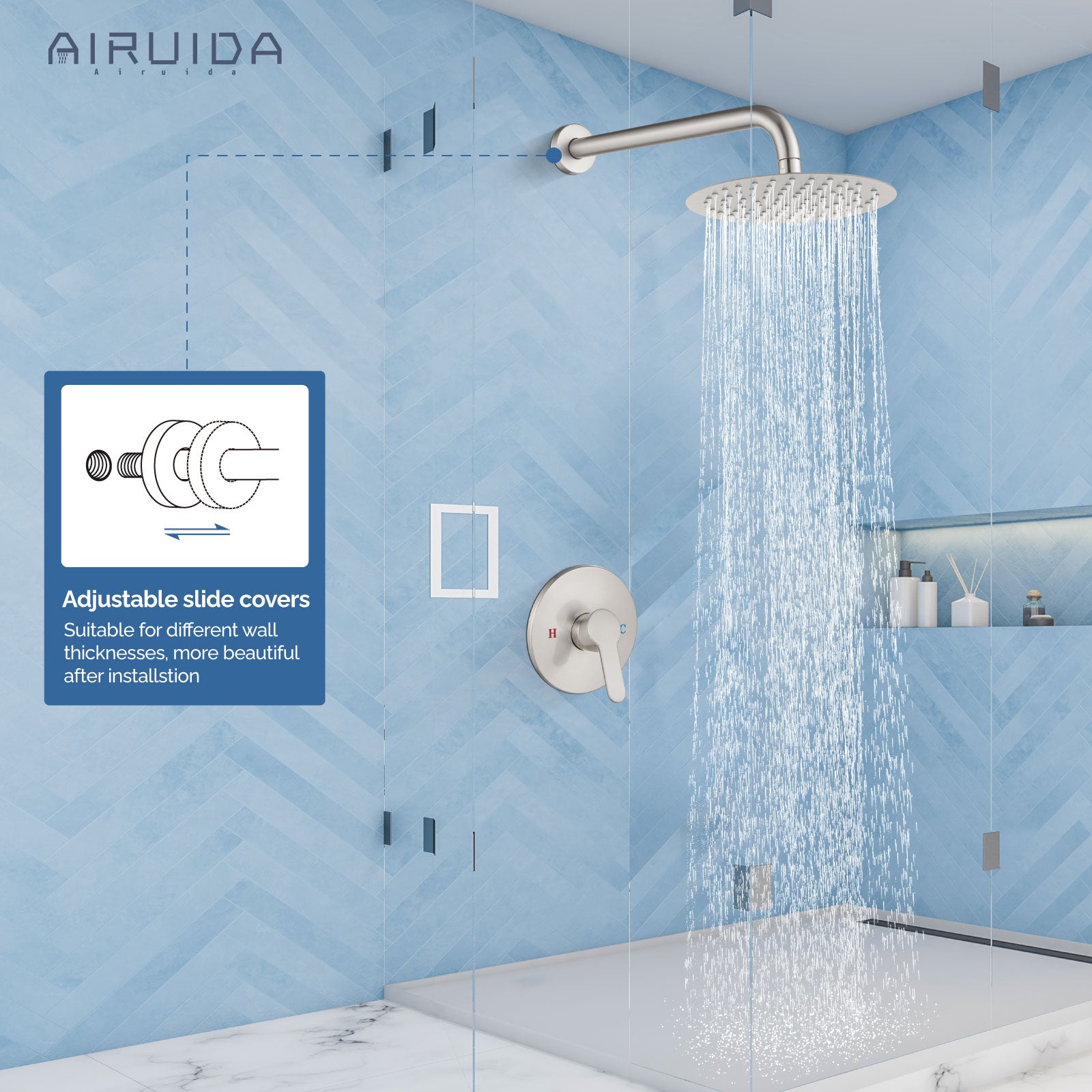 Airuida Shower Faucet Set,Shower Trim Kit with Female Threads Rough-in Valve,Wall Mount SUS304 8 Inch Round Shower Head and Handle Set,Rainfall Shower System without Tub Spout Brushed Nickel