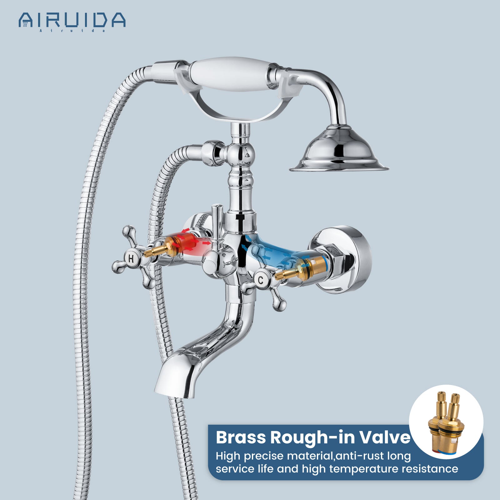 Airuida Wall Mount Bathtub Shower Faucet Kit with Telephone Shaped Handheld Sprayer Double Hot and Cold Water Mixer Tap Wall Mounted Tub Filler Set Vintage Style Cross Handles Chrome Polish