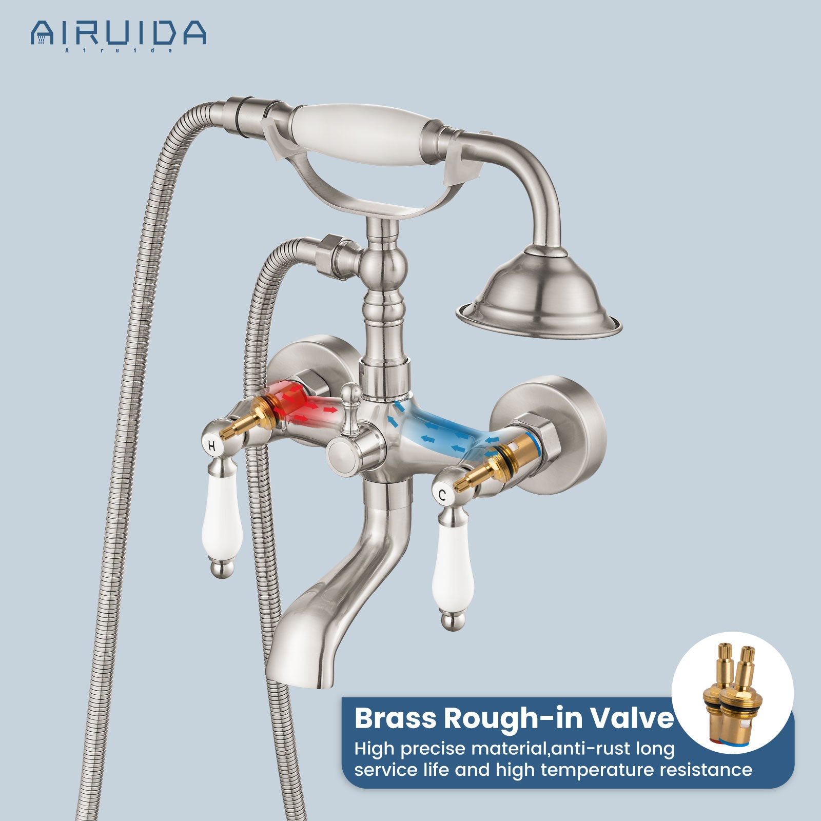 Airuida Wall Mount Bathtub Shower Faucet Kit with Telephone Shaped Handheld Sprayer Double Hot and Cold Water Mixer Tap Wall Mounted Tub Filler Set Vintage Style Lever Handles Brushed Nickel