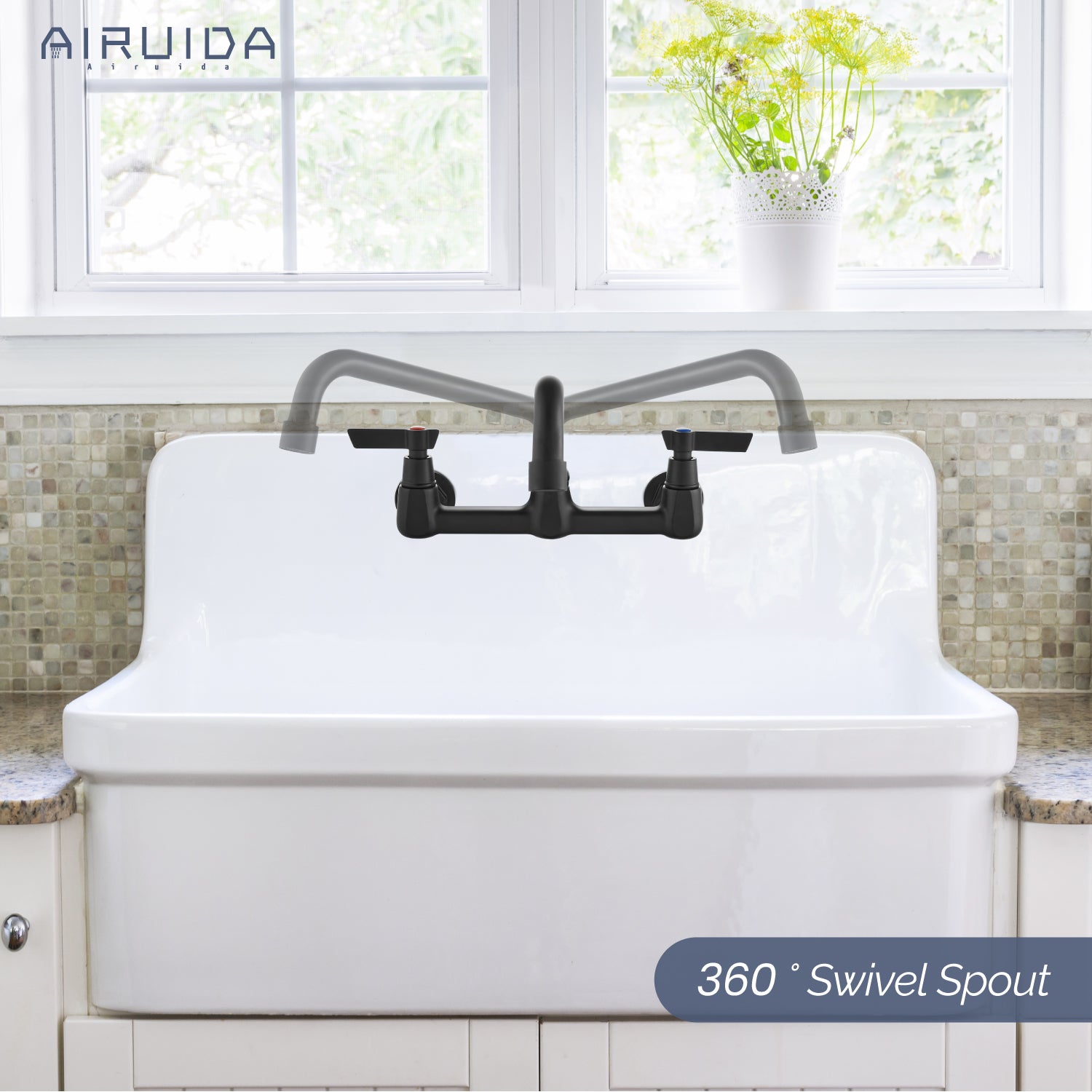 Airuida Wall Mount Kitchen Sink Faucet Commercial Sink Faucet 8 Inch Center Kitchen Mixer Commercial Tap for Laundry Room with 2 Hole Double Handles 360 Rotatable