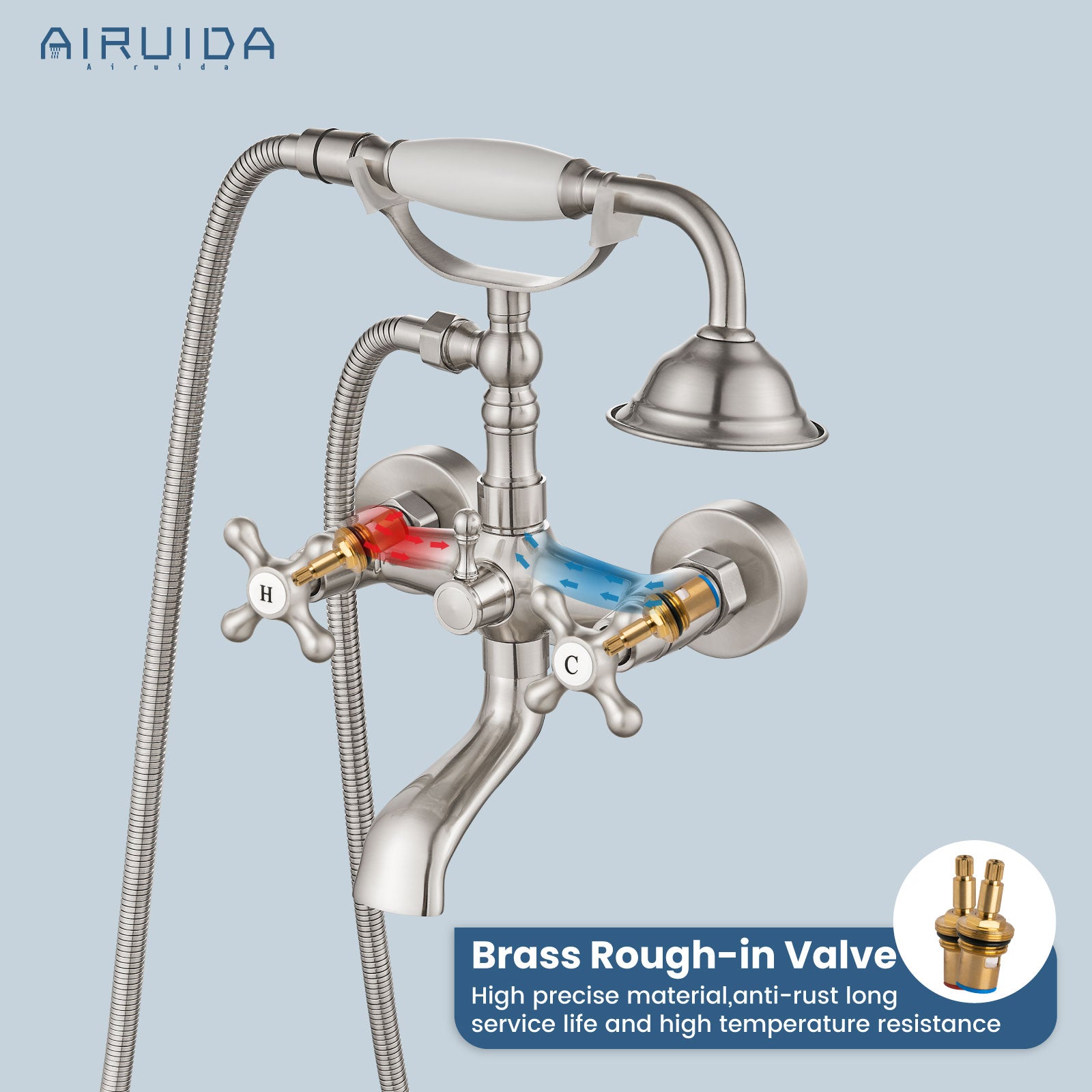 Airuida Wall Mount Bathtub Shower Faucet Kit with Telephone Shaped Handheld Sprayer Double Hot and Cold Water Mixer Tap Wall Mounted Tub Filler Set Vintage Style Lever Handles Brushed Nickel