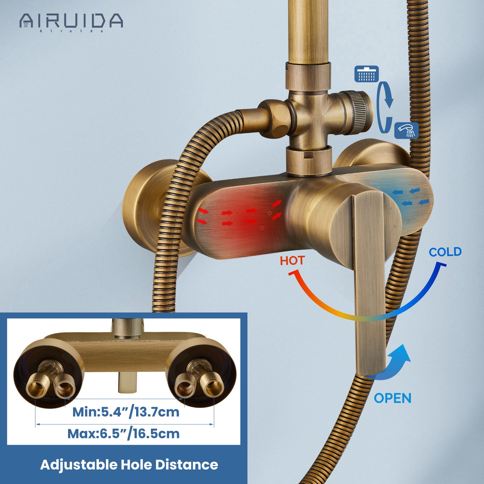 Airuida Shower Fixture 8 Inch Rain Shower Head Exposed Pipe Shower System Single handle Dual Functions Shower Faucet Combo Unit Set Adjustable Shower Head Bar Modern